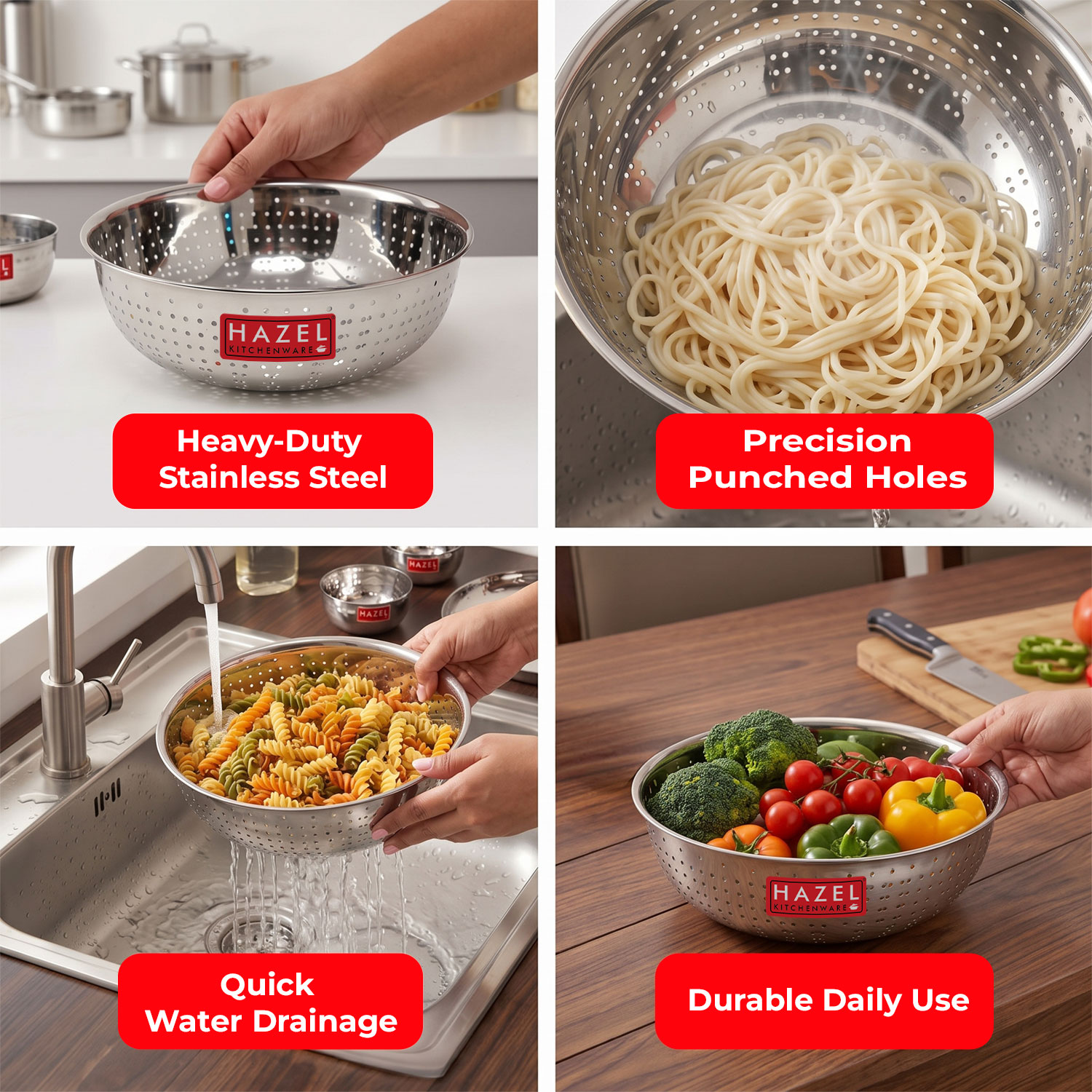 HAZEL Stainless Steel Multipurpose Food & Vegetable Strainer, 1 Pc, Dia 27 cm