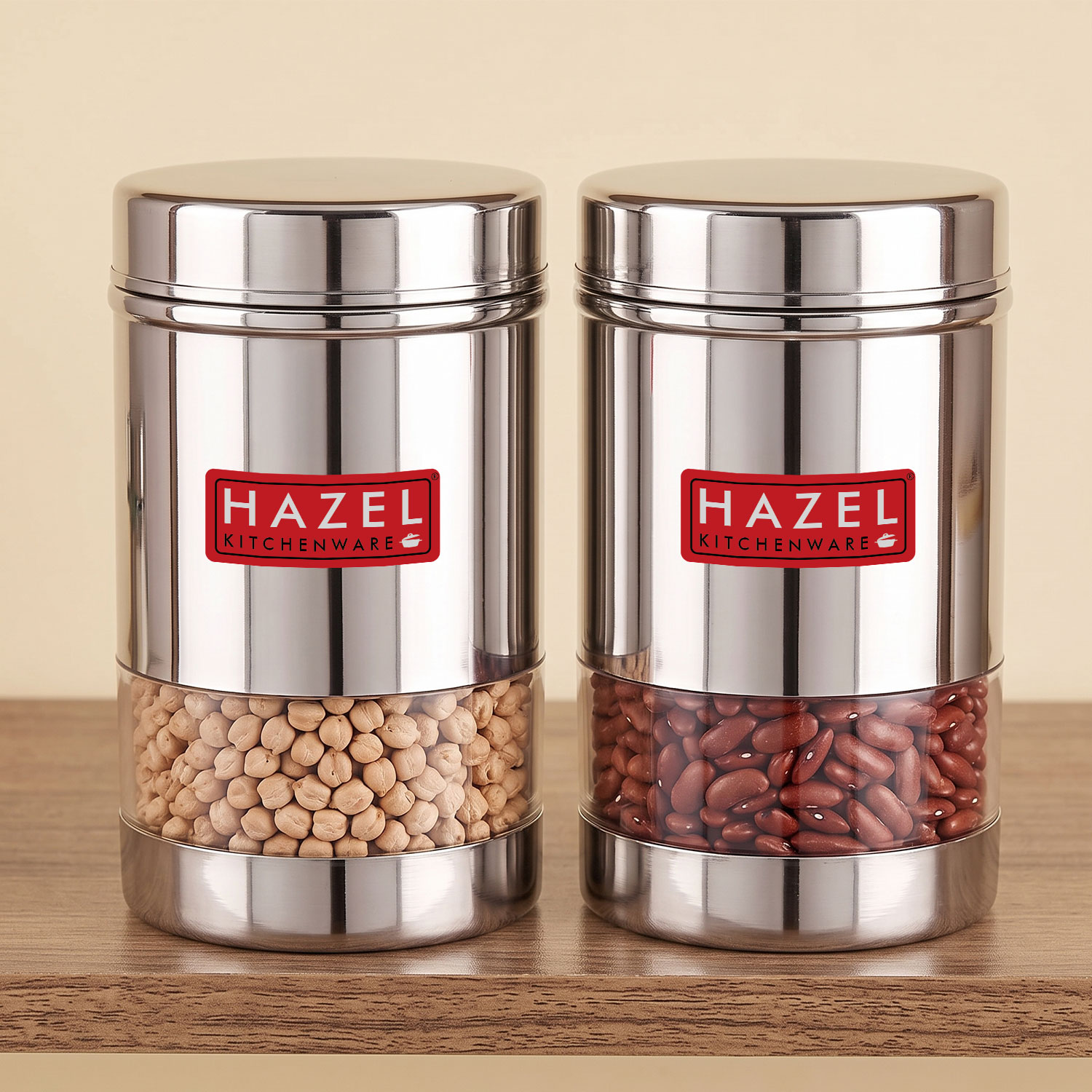 HAZEL Stainless Steel Transparent Wide Mouth See Through Container, Silver, Set of 2, 600 Ml