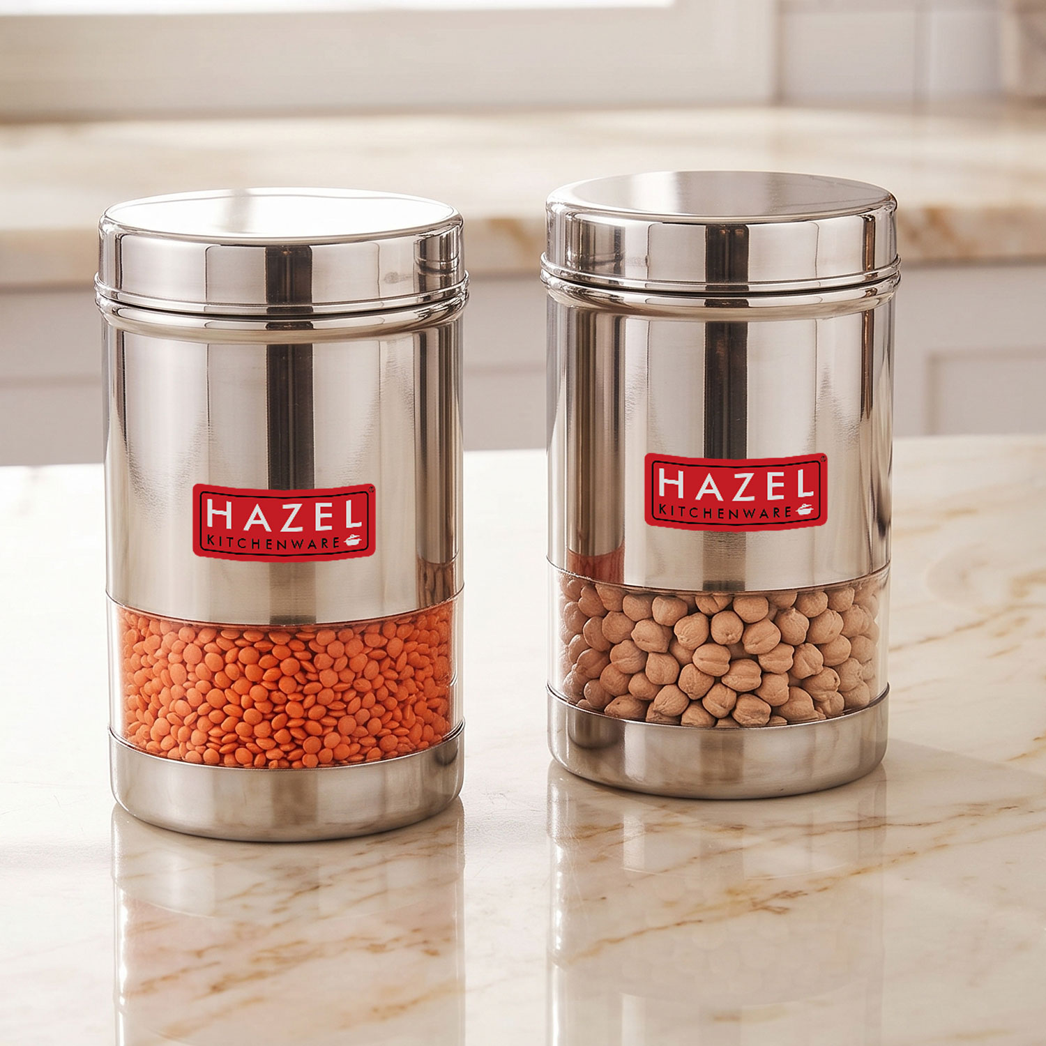 HAZEL Stainless Steel Transparent Wide Mouth See Through Container, Silver, Set of 2, 600 Ml