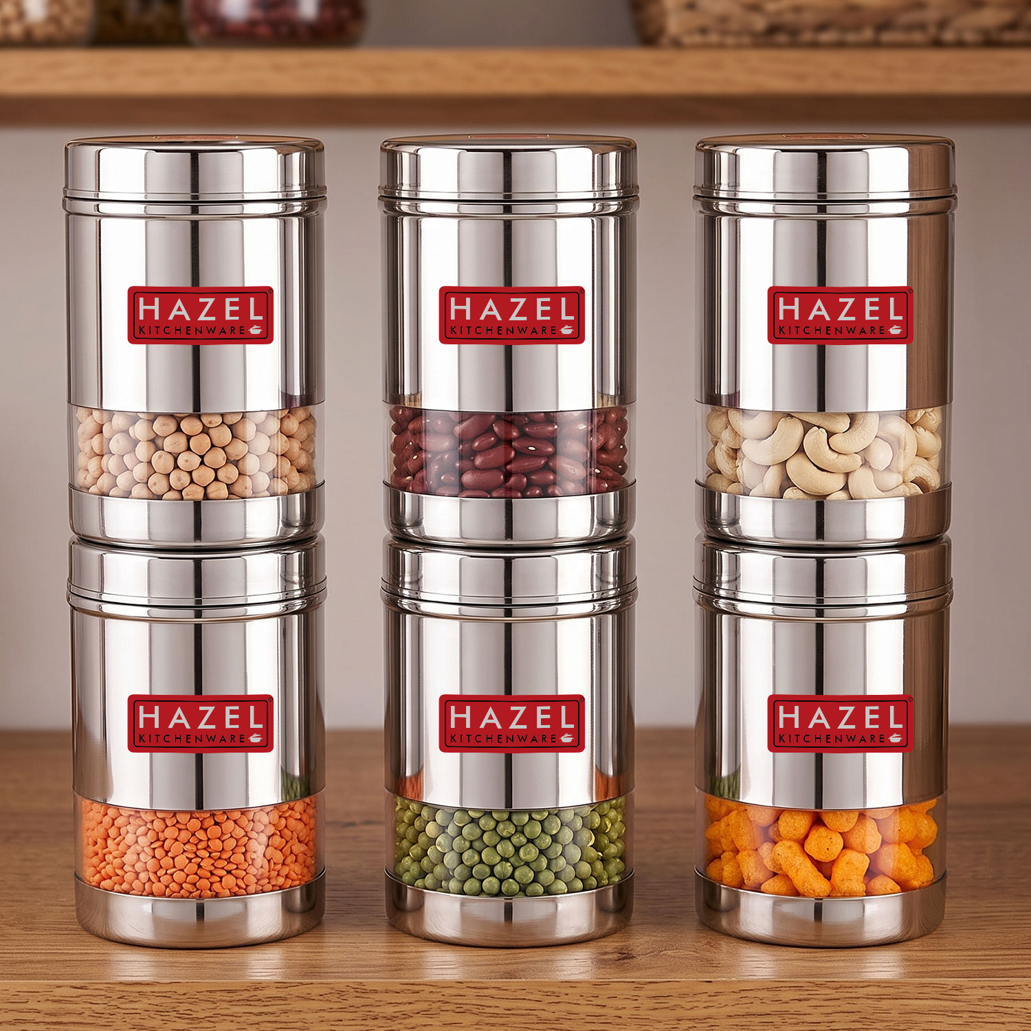 HAZEL Stainless Steel Transparent Wide Mouth See Through Container, Silver, Set of 6, 600 Ml
