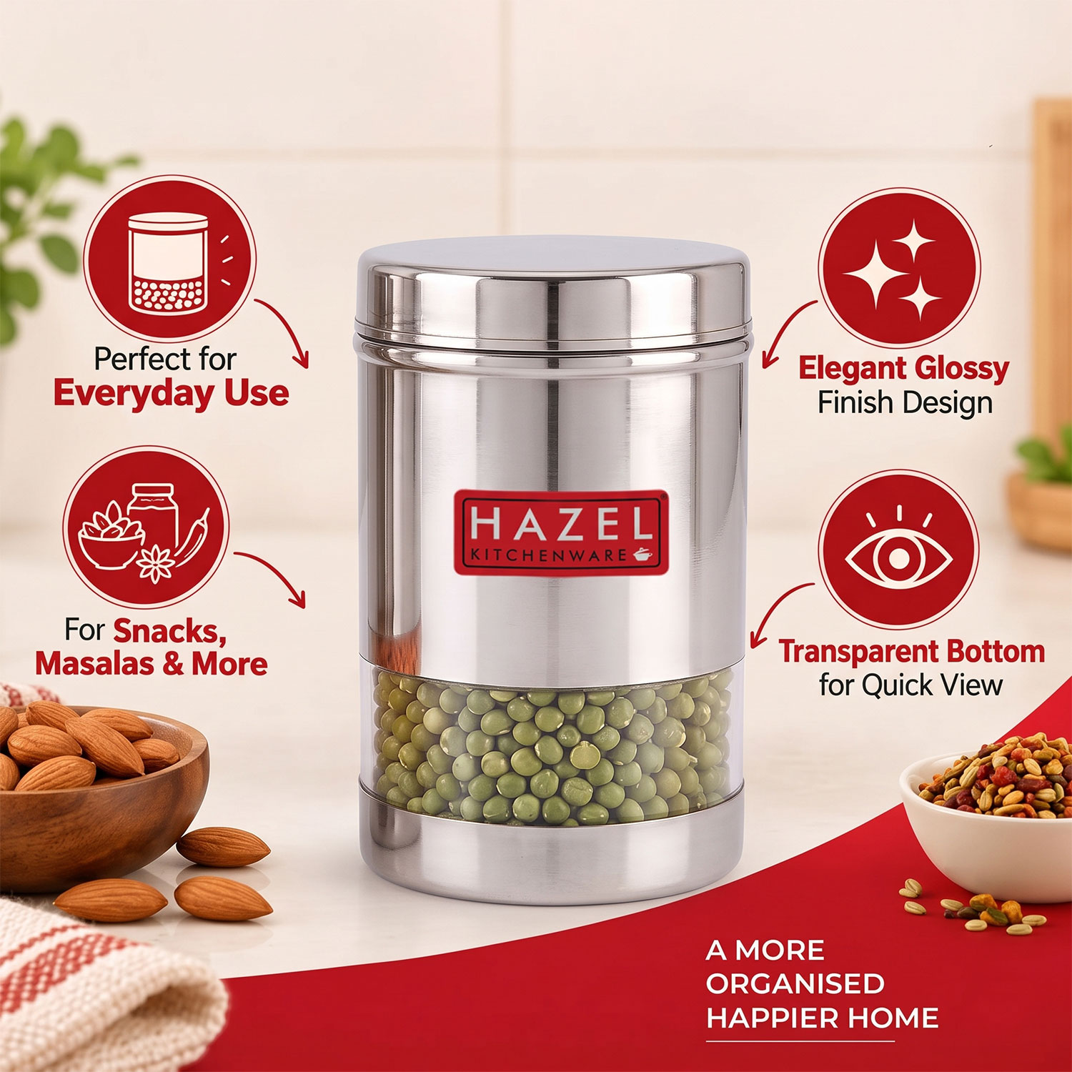 HAZEL Stainless Steel Transparent Wide Mouth See Through Container, Silver, Set of 6, 600 Ml