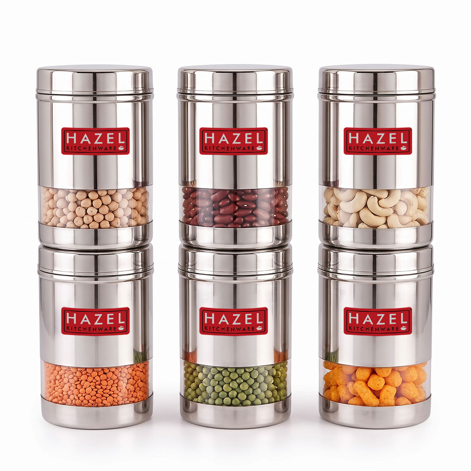 HAZEL Stainless Steel Transparent Wide Mouth See Through Container, Silver, Set of 6, 600 Ml