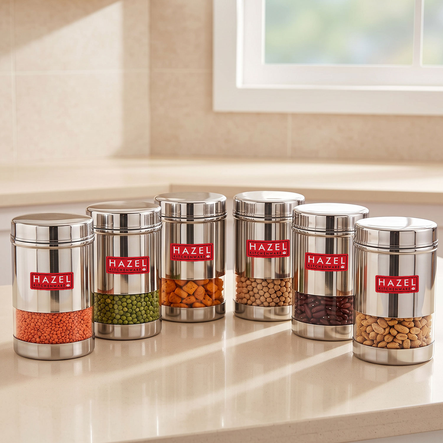 HAZEL Stainless Steel Transparent Wide Mouth See Through Container, Silver, Set of 6, 600 Ml