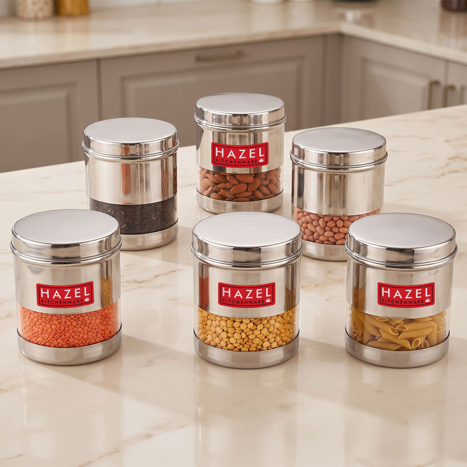 HAZEL Stainless Steel Transparent Wide Mouth See Through Container, Silver, Set of 6, 700 Ml