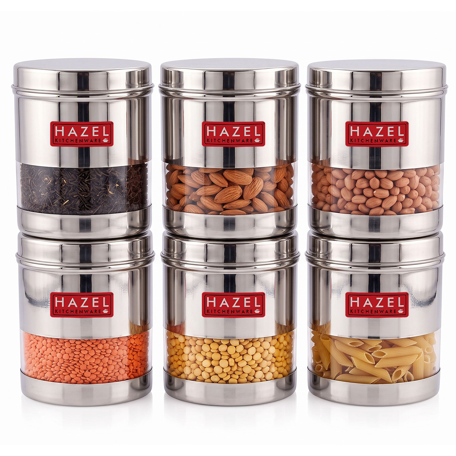 HAZEL Stainless Steel Transparent Wide Mouth See Through Container, Silver, Set of 6, 700 Ml