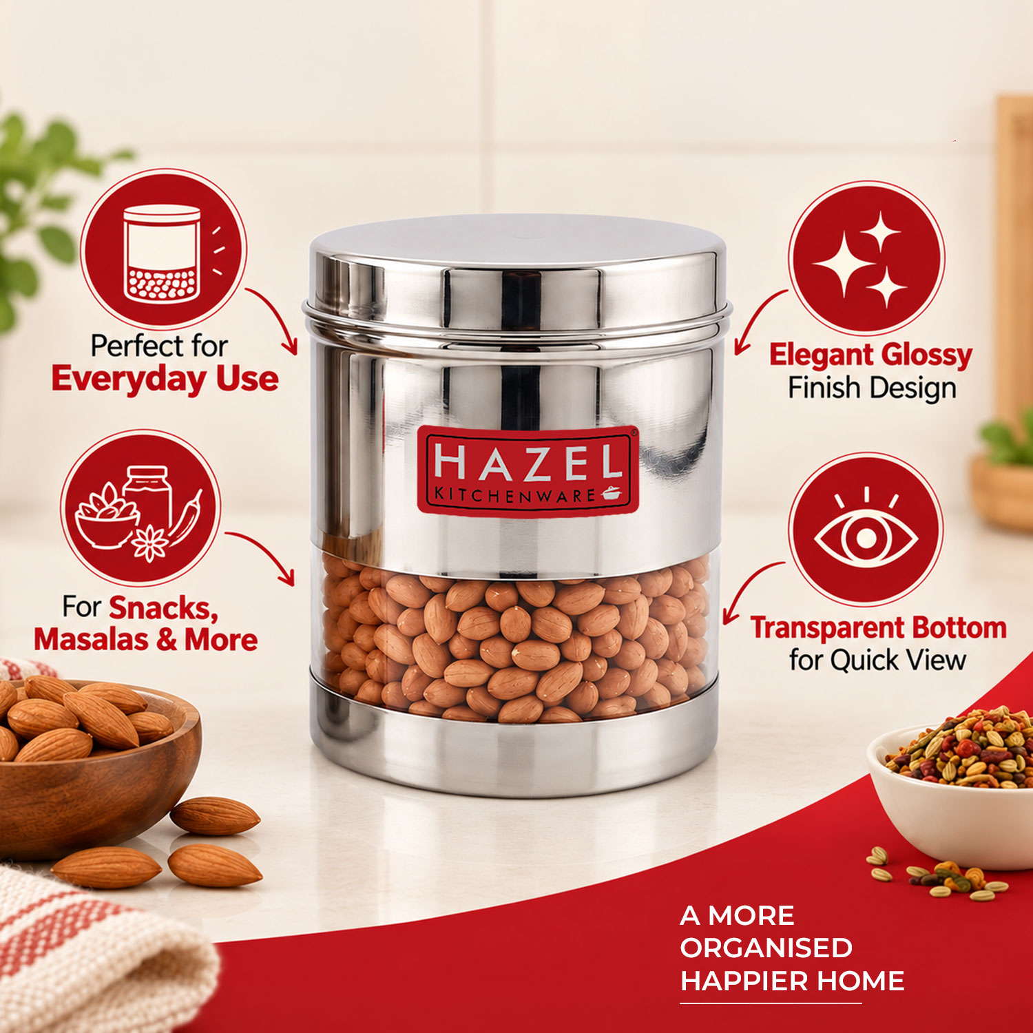 HAZEL Stainless Steel Transparent Wide Mouth See Through Container, Silver, Set of 6, 700 Ml