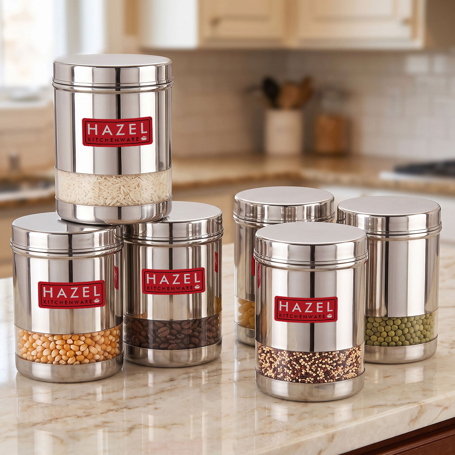 HAZEL Stainless Steel Transparent Wide Mouth See Through Container, Silver, Set of 6, 950 Ml