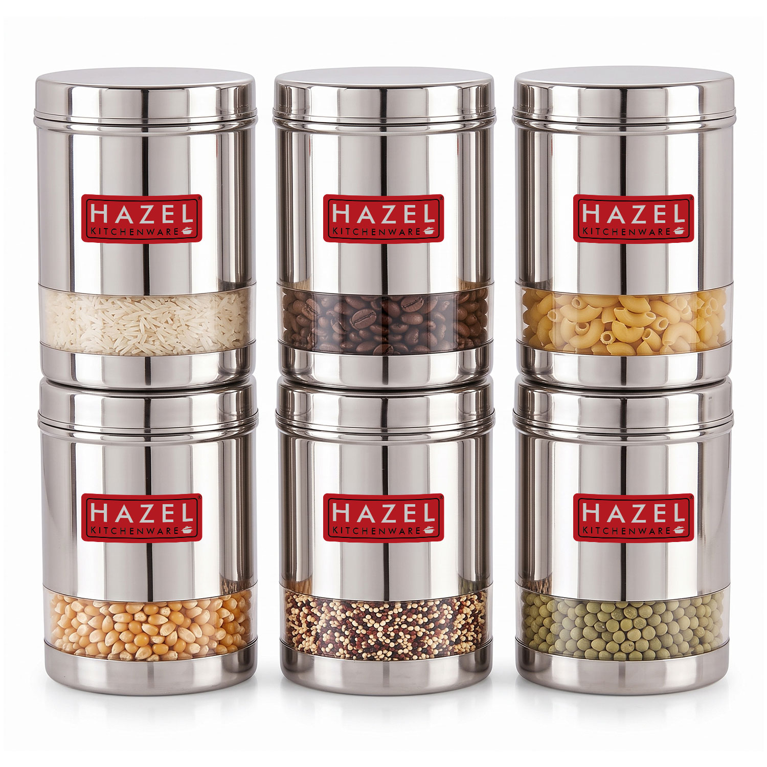 HAZEL Stainless Steel Transparent Wide Mouth See Through Container, Silver, Set of 6, 950 Ml