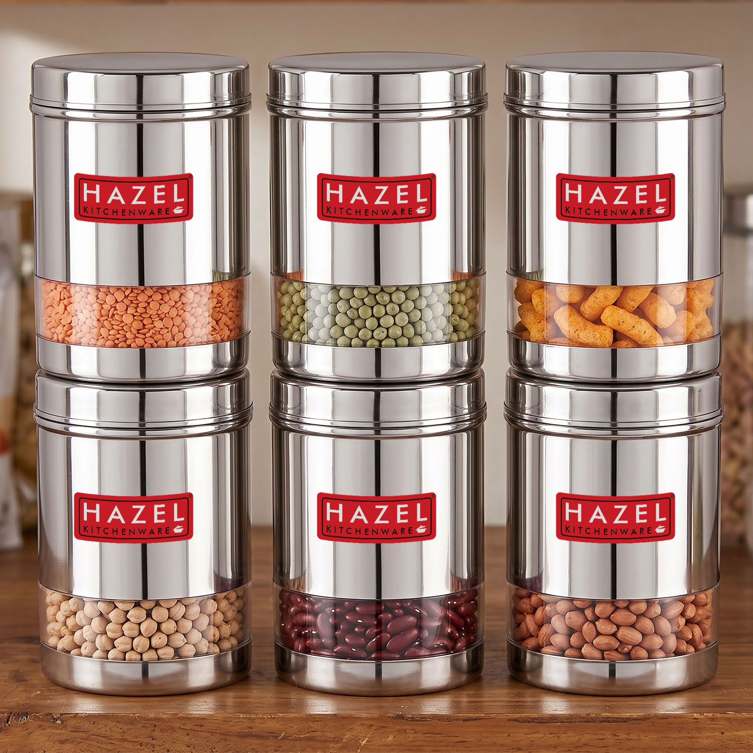 HAZEL Stainless Steel Transparent Wide Mouth See Through Container, Silver, Set of 6, 950 Ml