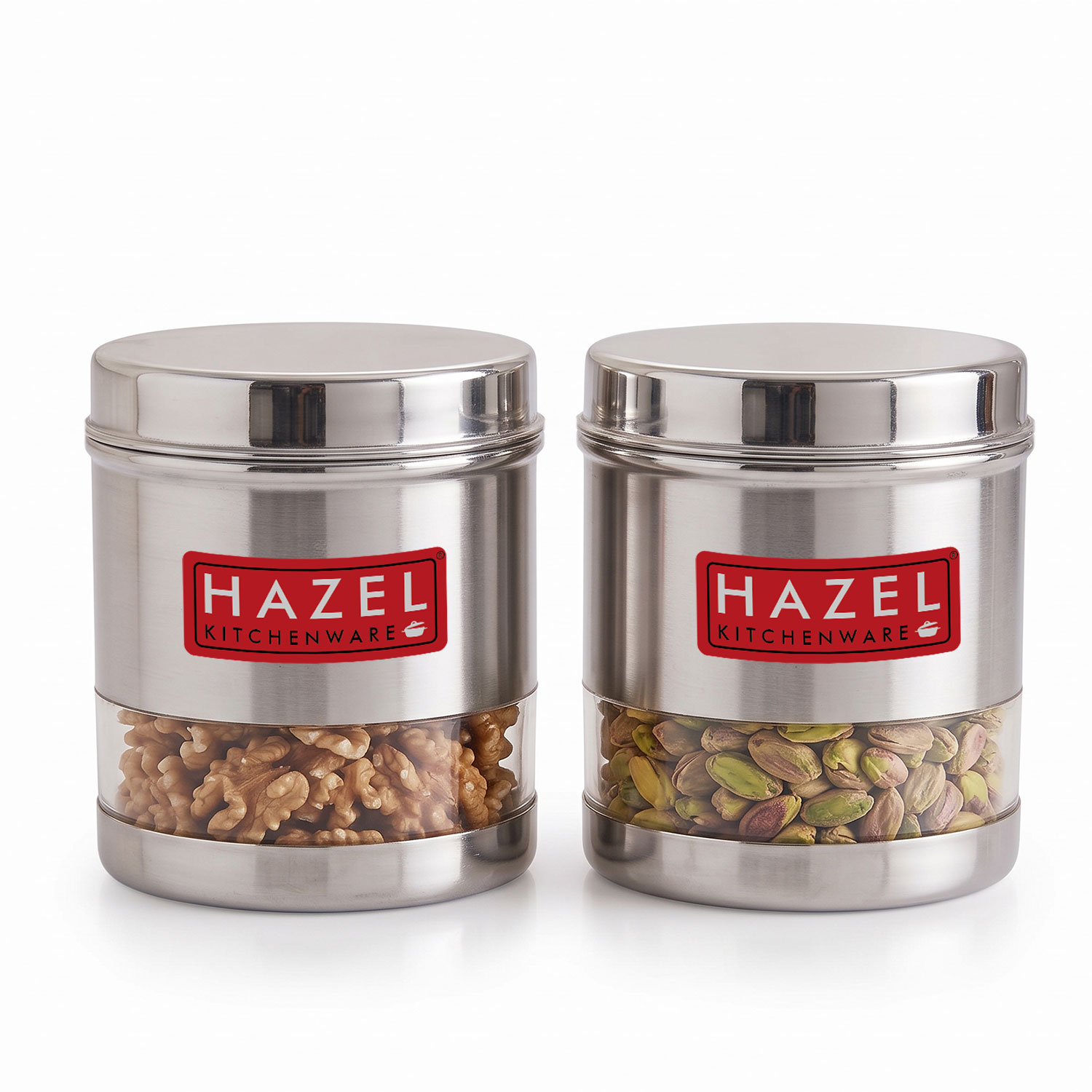 HAZEL Stainless Steel Transparent Wide Mouth See Through Container, Silver, Set of 2, 1100 Ml