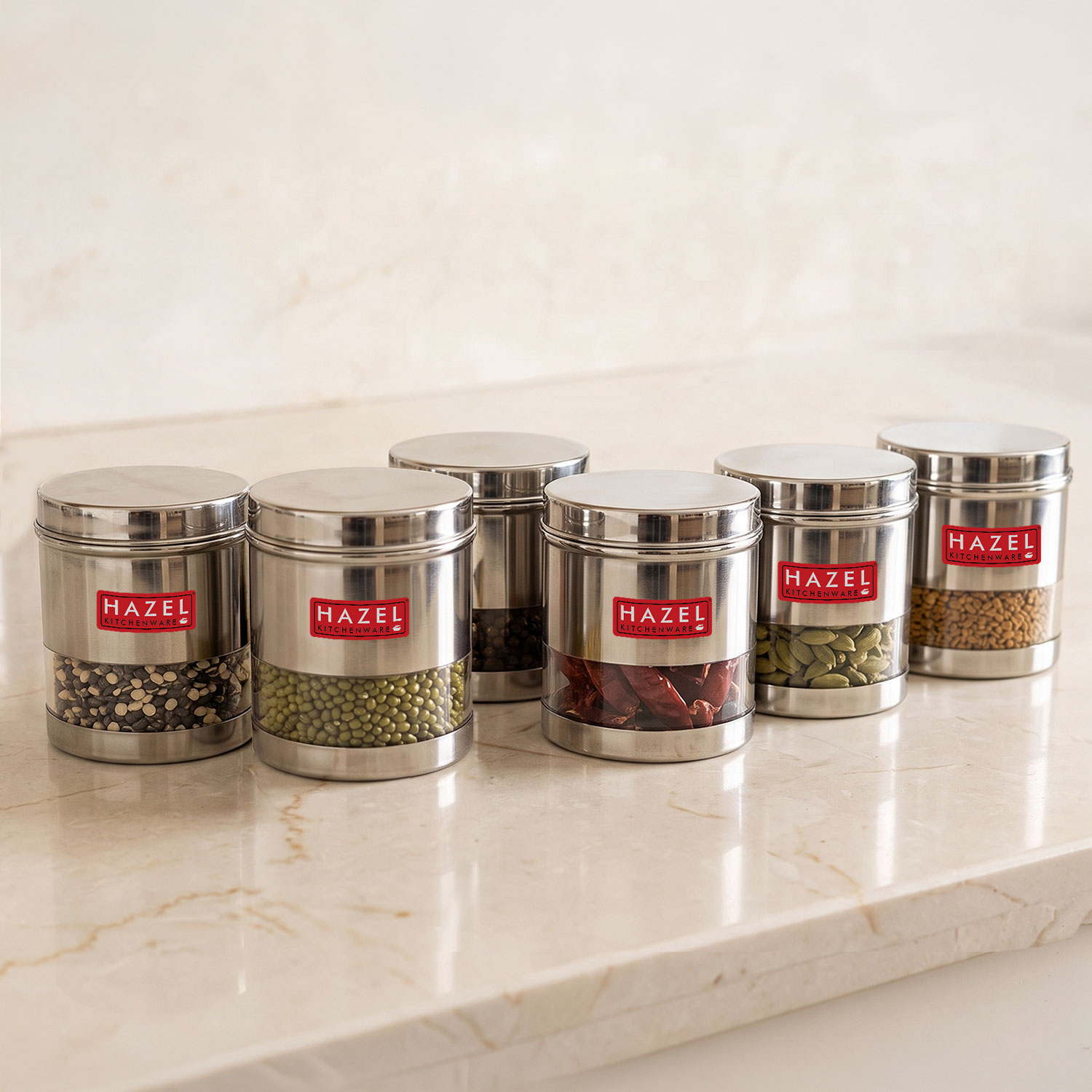 HAZEL Stainless Steel Transparent Wide Mouth See Through Container, Silver, Set of 6, 1100 Ml