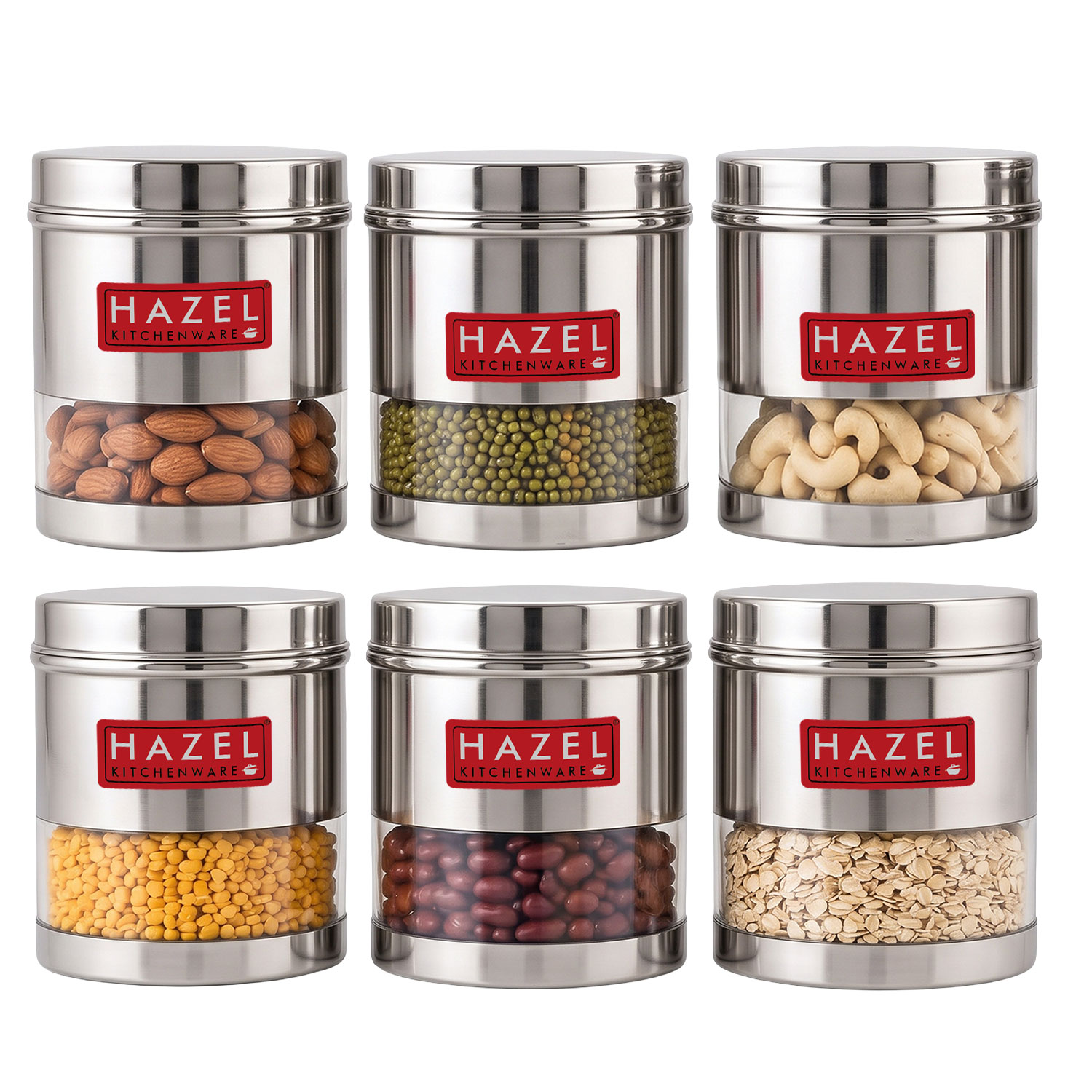 HAZEL Stainless Steel Transparent Wide Mouth See Through Container, Silver, Set of 6, 1100 Ml