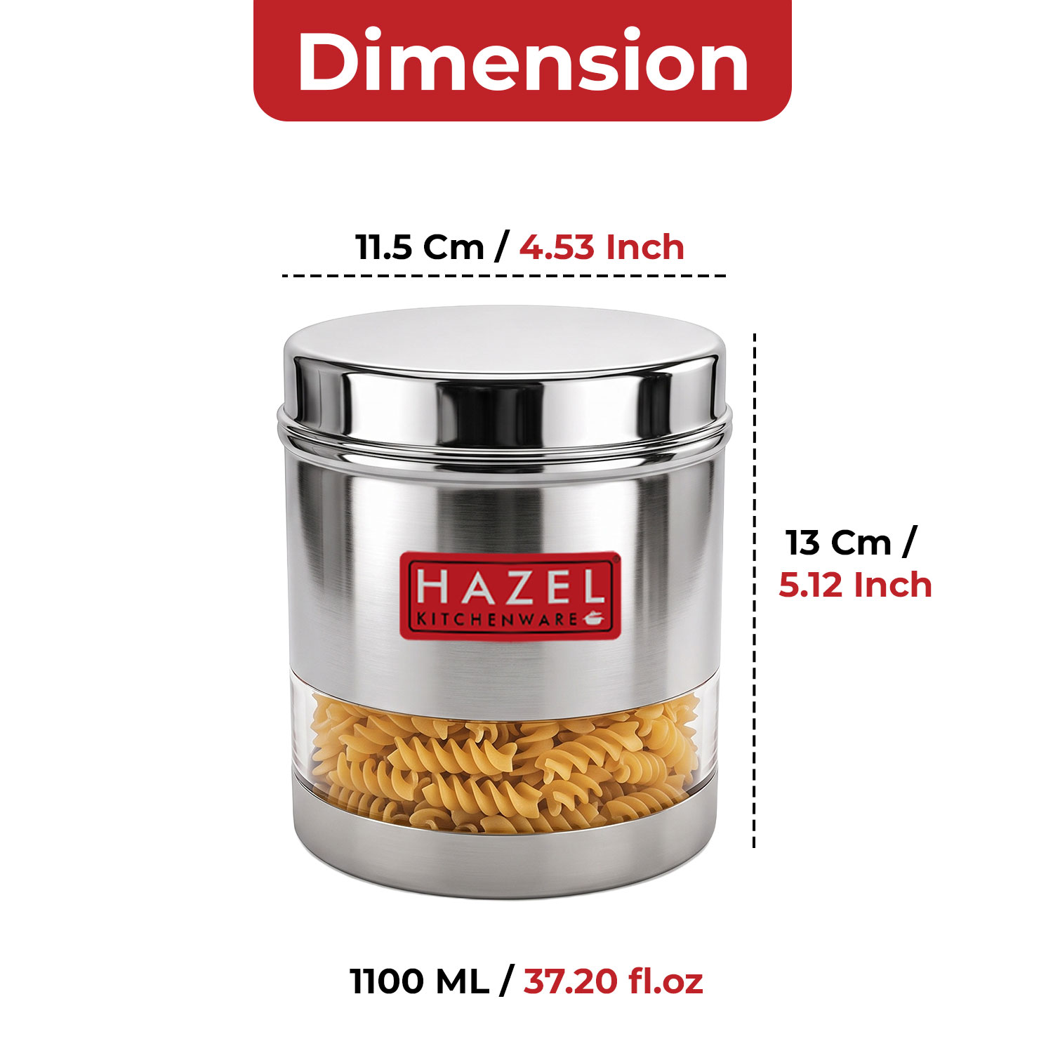 HAZEL Stainless Steel Transparent Wide Mouth See Through Container, Silver, Set of 6, 1100 Ml