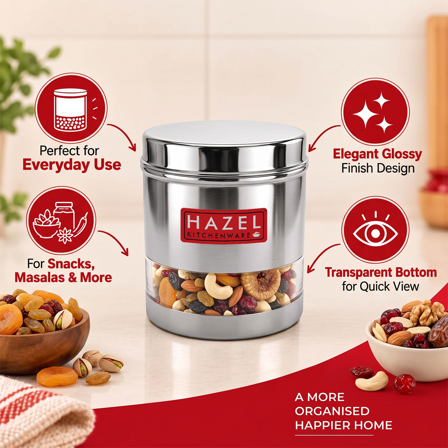 HAZEL Stainless Steel Transparent Wide Mouth See Through Container, Silver, Set of 6, 1100 Ml