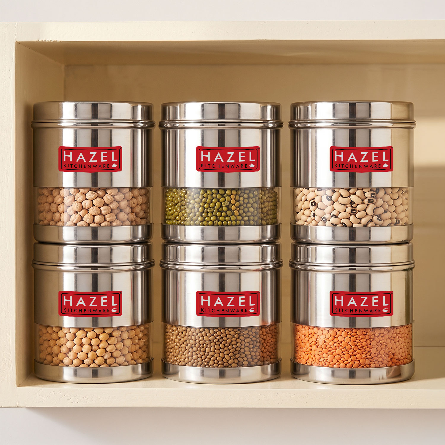 HAZEL Stainless Steel Transparent Wide Mouth See Through Container, Silver, Set of 6, 1100 Ml