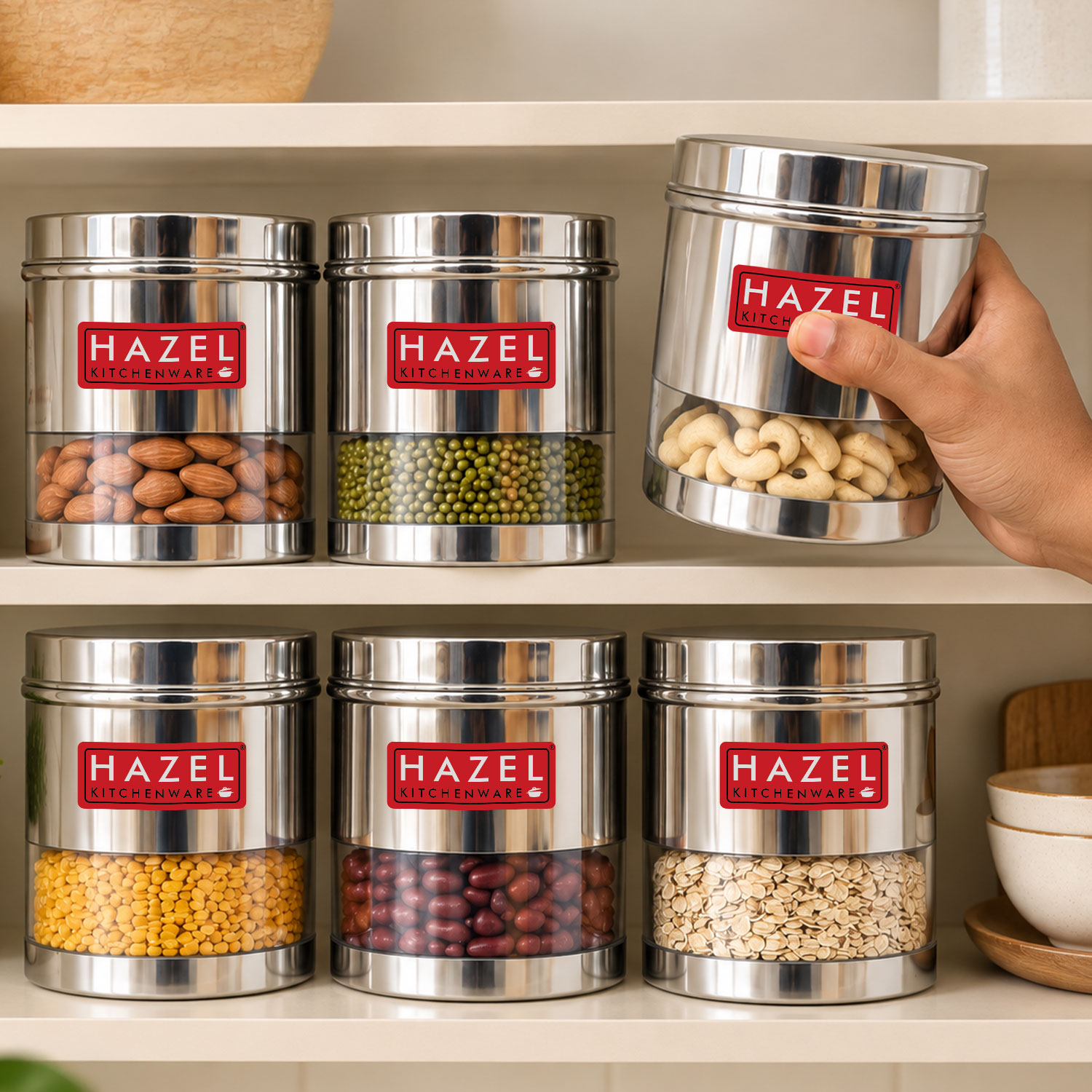 HAZEL Stainless Steel Transparent Wide Mouth See Through Container, Silver, Set of 6, 1100 Ml