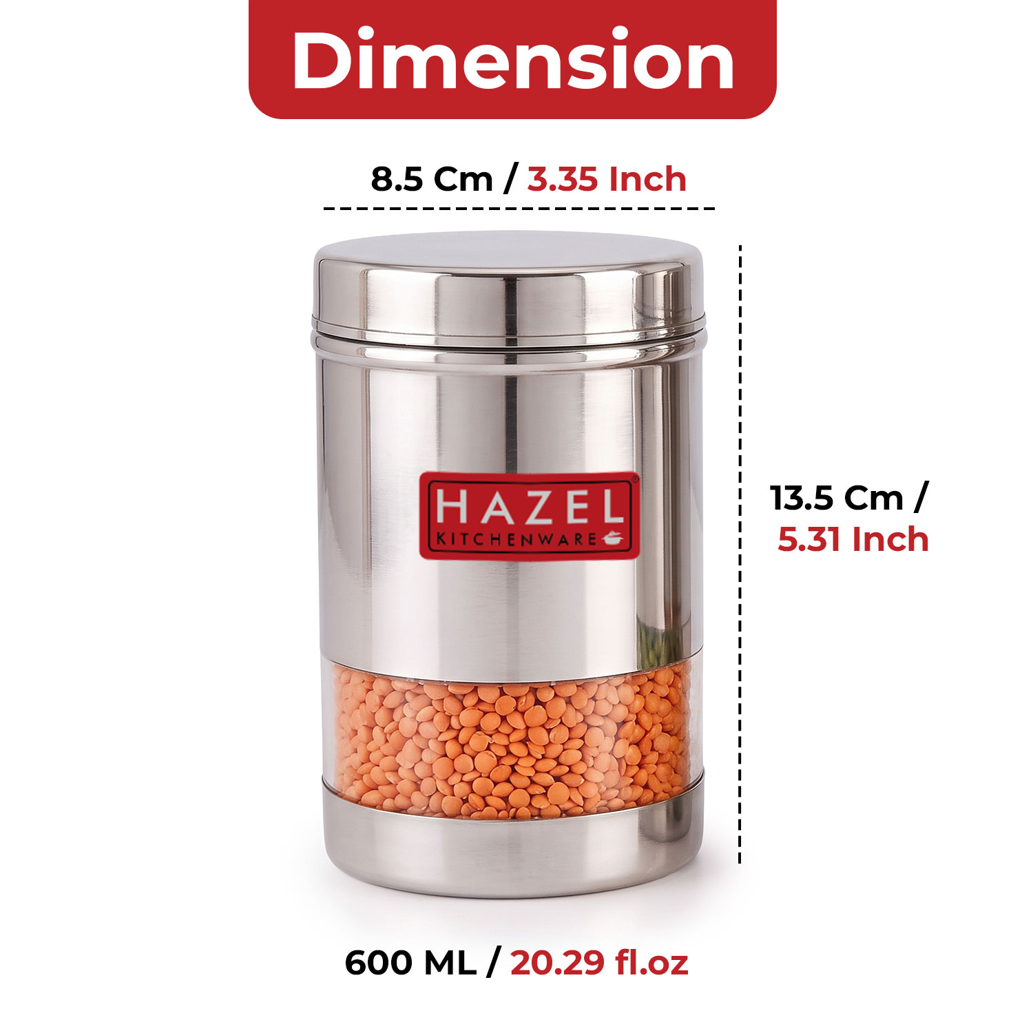 HAZEL Stainless Steel Transparent Wide Mouth See Through Container, Silver, 1 PC, 600 Ml