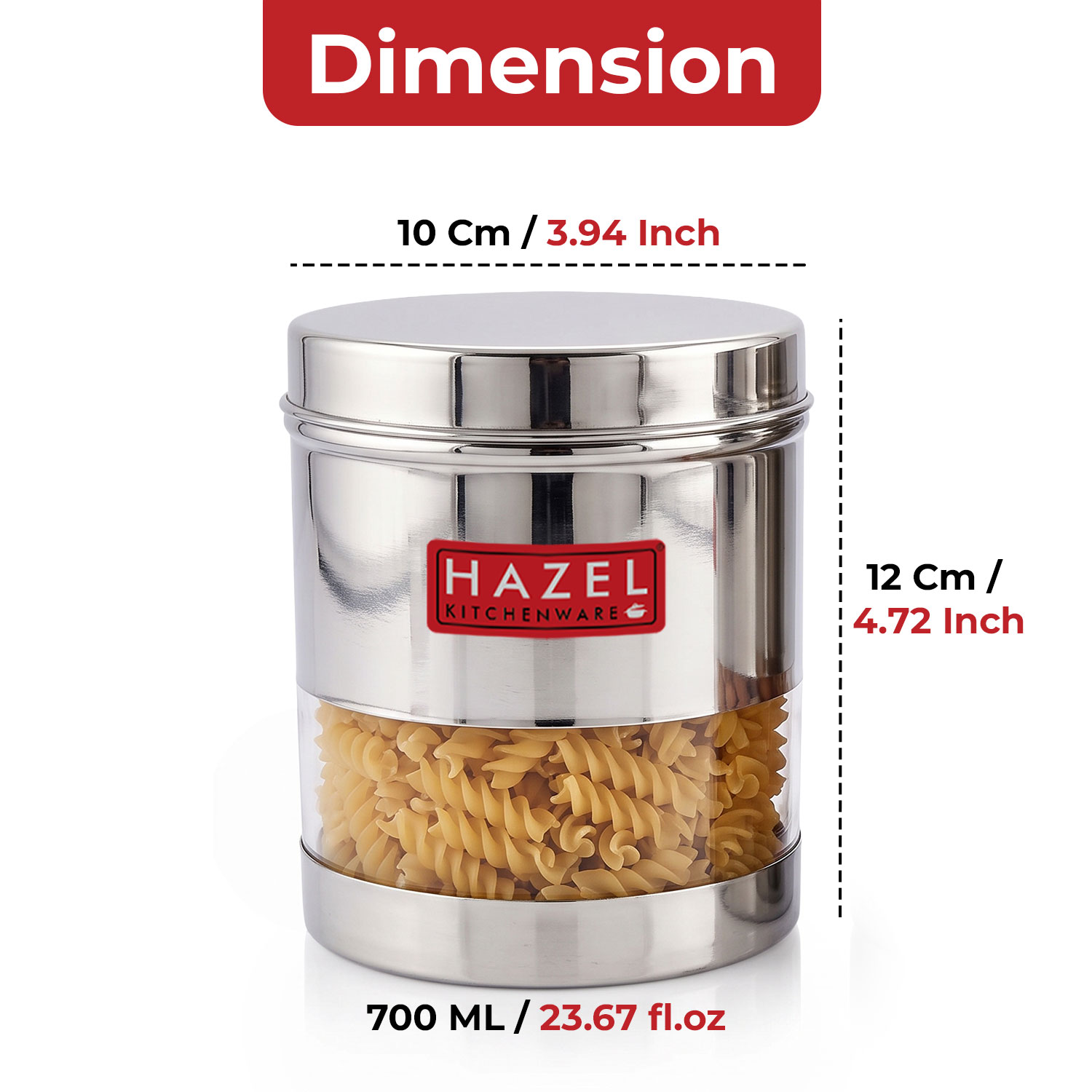 HAZEL Stainless Steel Transparent Wide Mouth See Through Container, Silver, 1 PC, 700 Ml