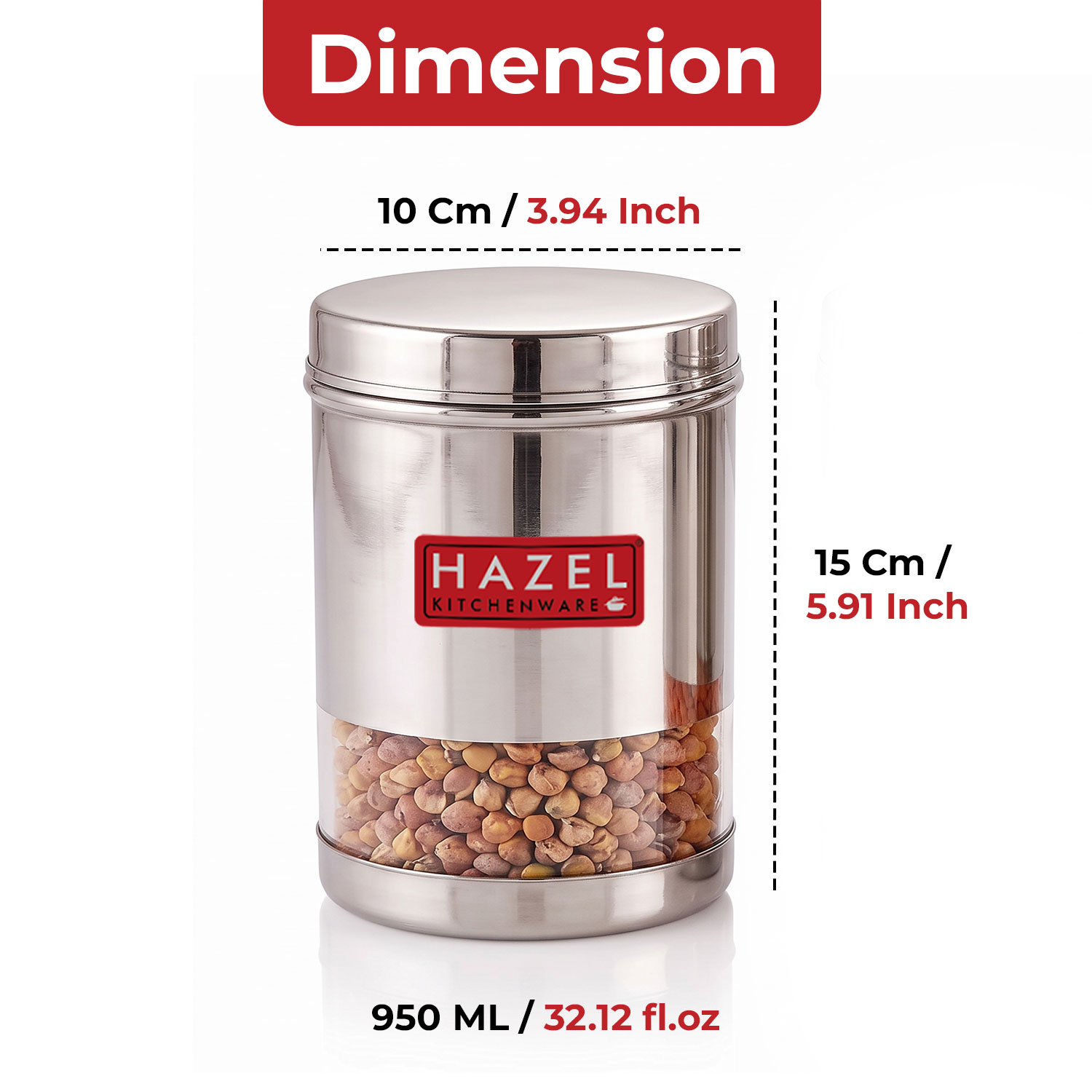 HAZEL Stainless Steel Transparent Wide Mouth See Through Container, Silver, 1 PC, 950 Ml