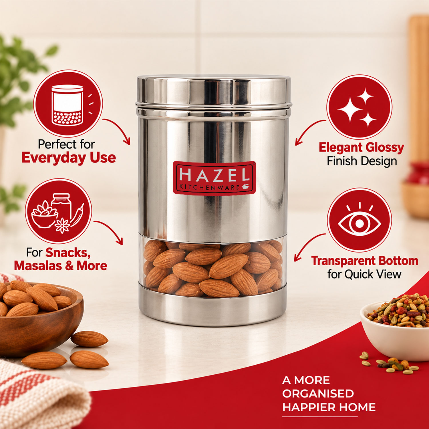 HAZEL Stainless Steel Transparent Wide Mouth See Through Container, Silver, 1 PC, 950 Ml