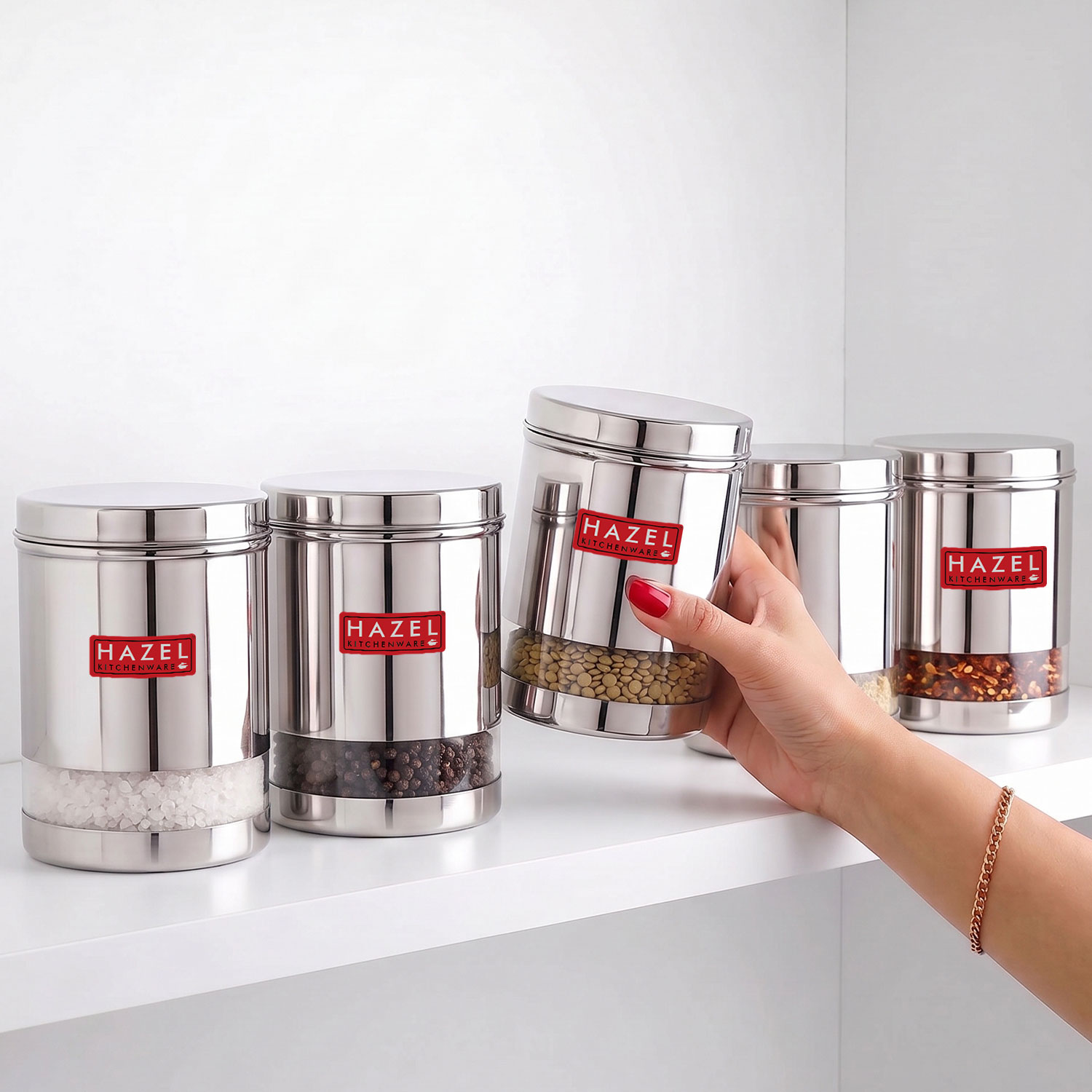 HAZEL Stainless Steel Transparent Wide Mouth See Through Container, Silver, 1 PC, 950 Ml