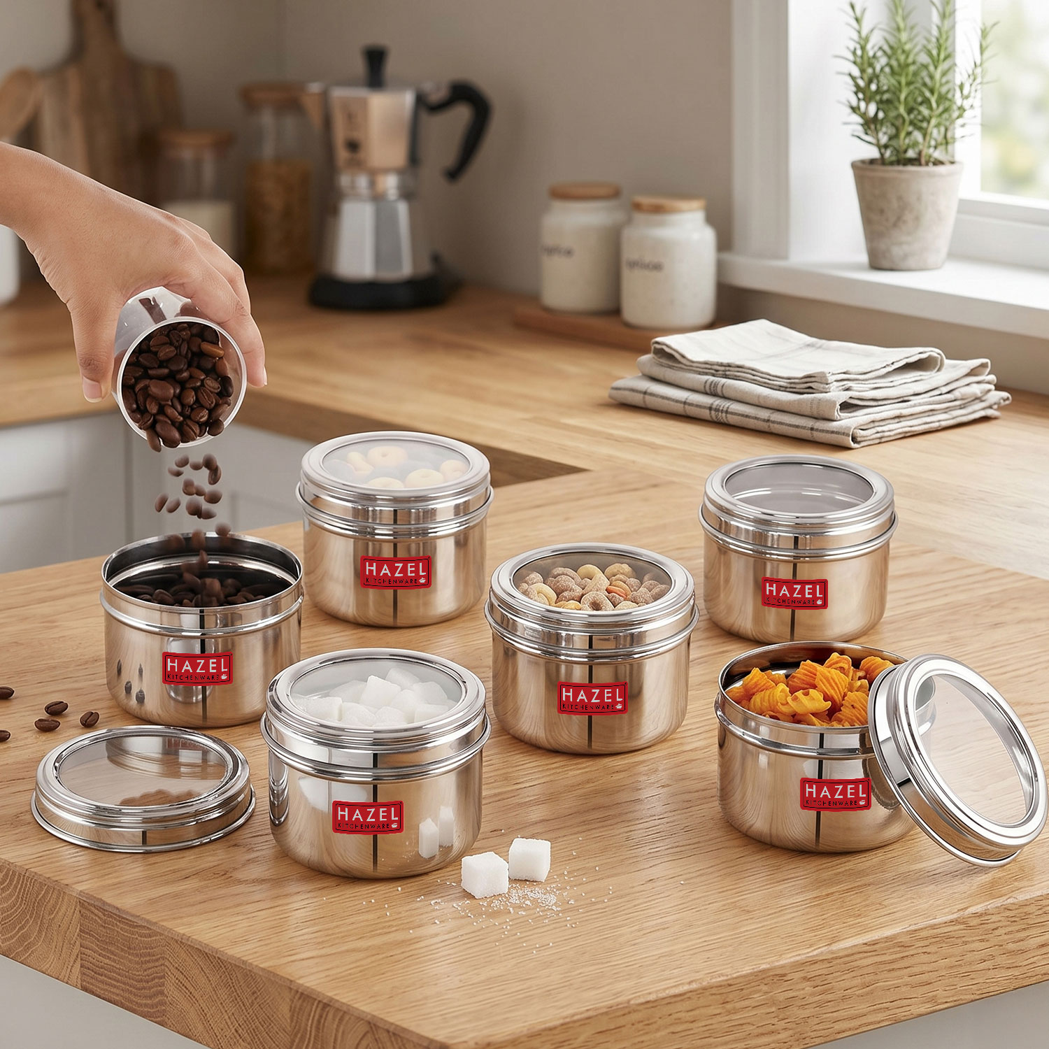 HAZEL Masala Box for Kitchen with Airtight Lid | Stainless Steel Top See Through Storage Containers for Kitchen Air tight, 500 ML, Set of 6