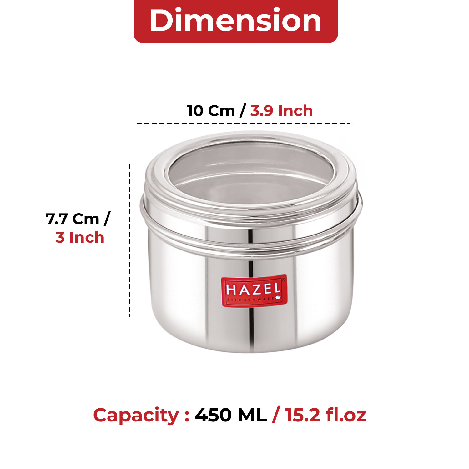HAZEL Masala Box for Kitchen with Airtight Lid | Stainless Steel Top See Through Storage Containers for Kitchen Air tight, 500 ML, Set of 6