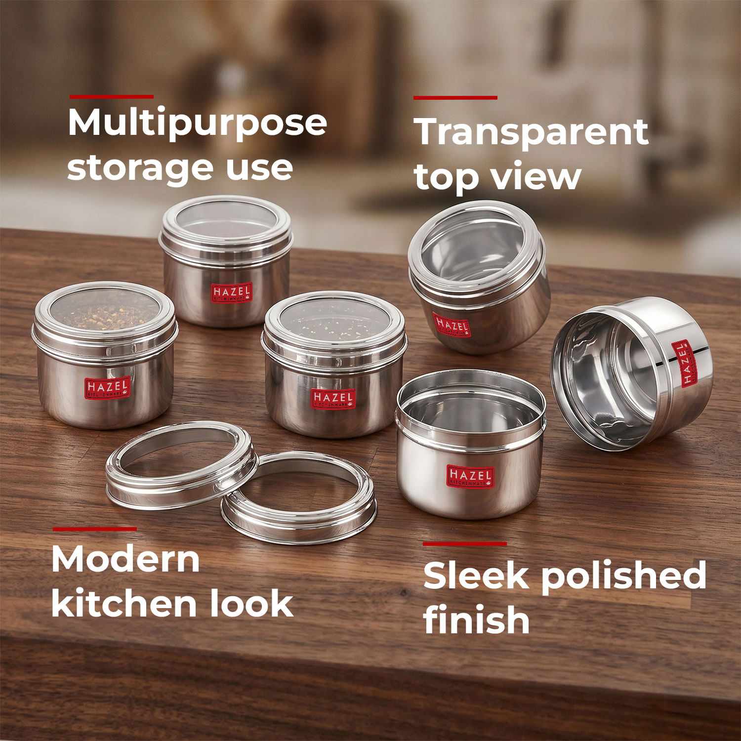 HAZEL Masala Box for Kitchen with Airtight Lid | Stainless Steel Top See Through Storage Containers for Kitchen Air tight, 500 ML, Set of 6