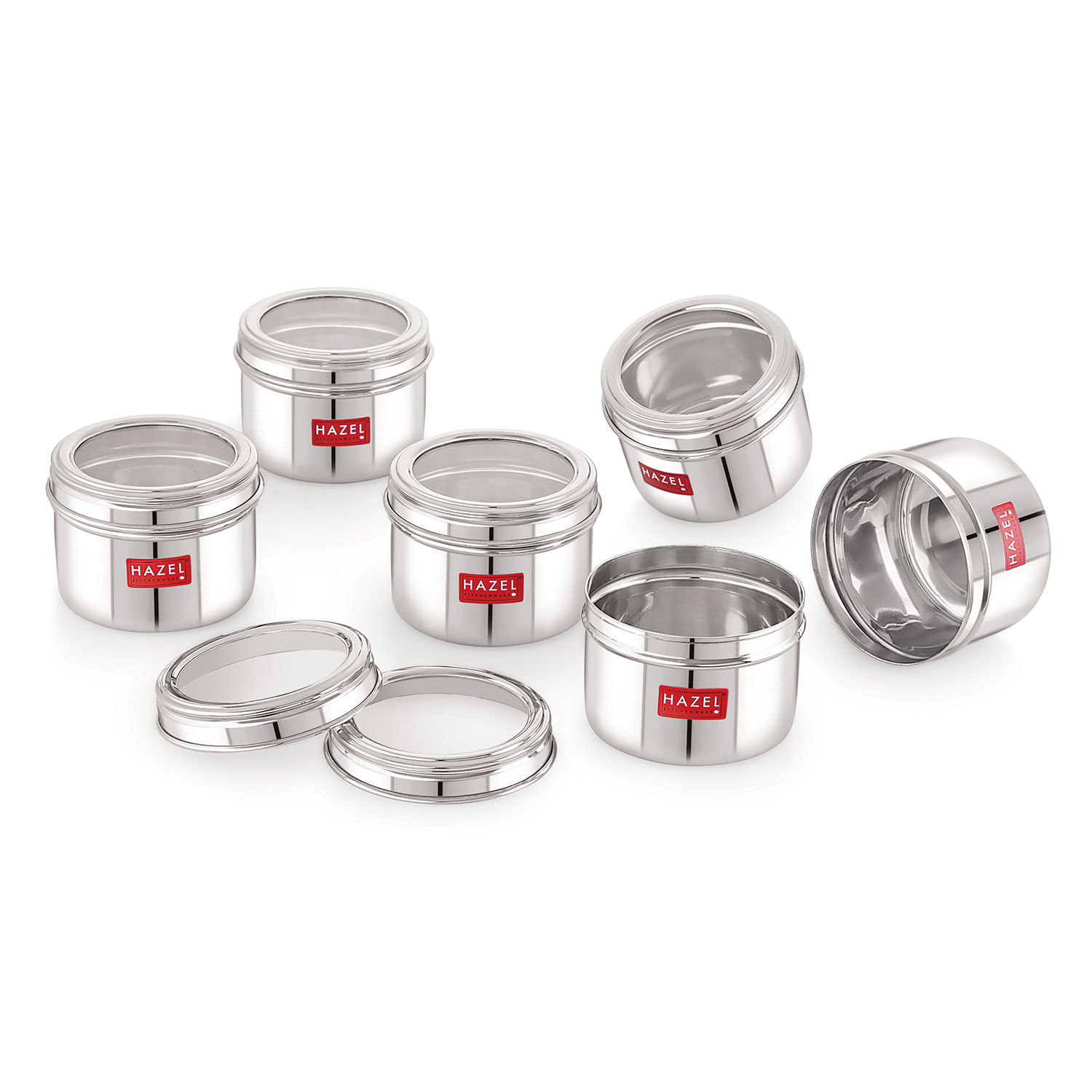 HAZEL Masala Box for Kitchen with Airtight Lid | Stainless Steel Top See Through Storage Containers for Kitchen Air tight, 500 ML, Set of 6