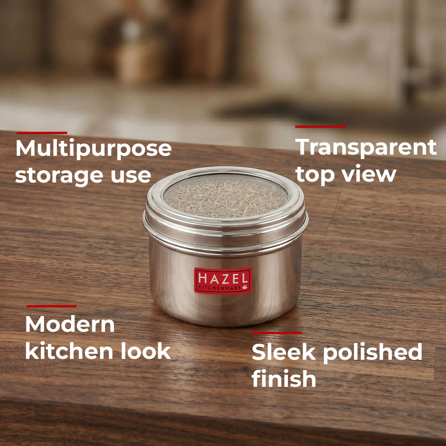 HAZEL Masala Box for Kitchen with Airtight Lid | Stainless Steel Top See Through Storage Containers for Kitchen Air tight, 500 ML