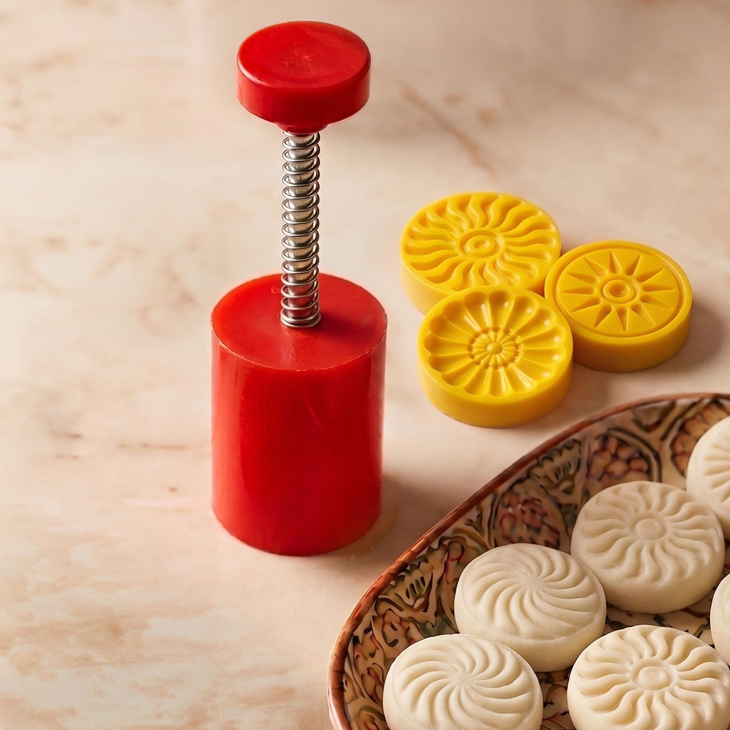 DS Pedha Sweet Desserts Stamping Food Grade Safe Plastic Fast Pada Maker DIY Cookie Cutter Circle Round Shape 3 Design , Diameter 2 Inch