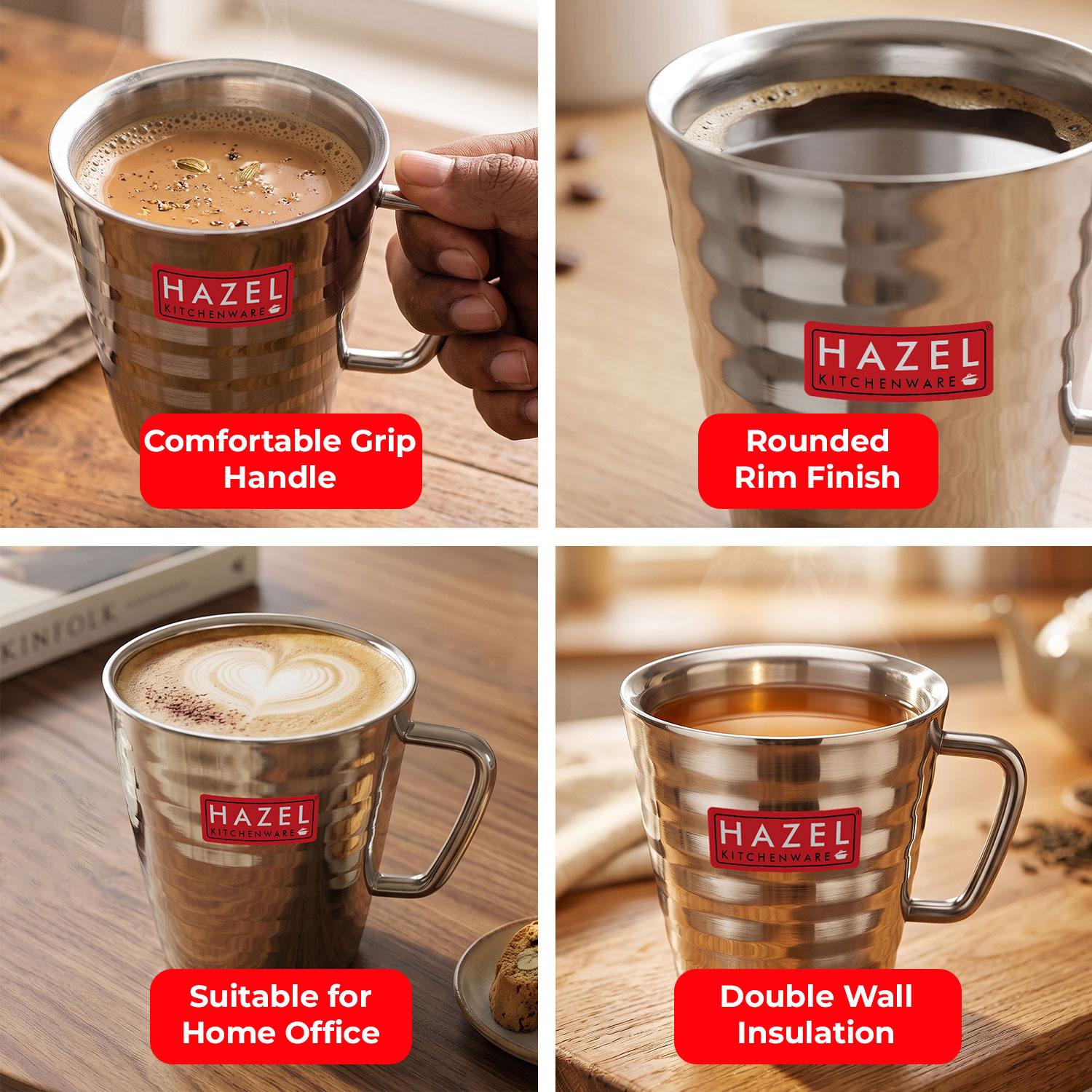 HAZEL Stainless Steel Green Tea Coffee Big Classic Mug, 1 Pc, 300 ml