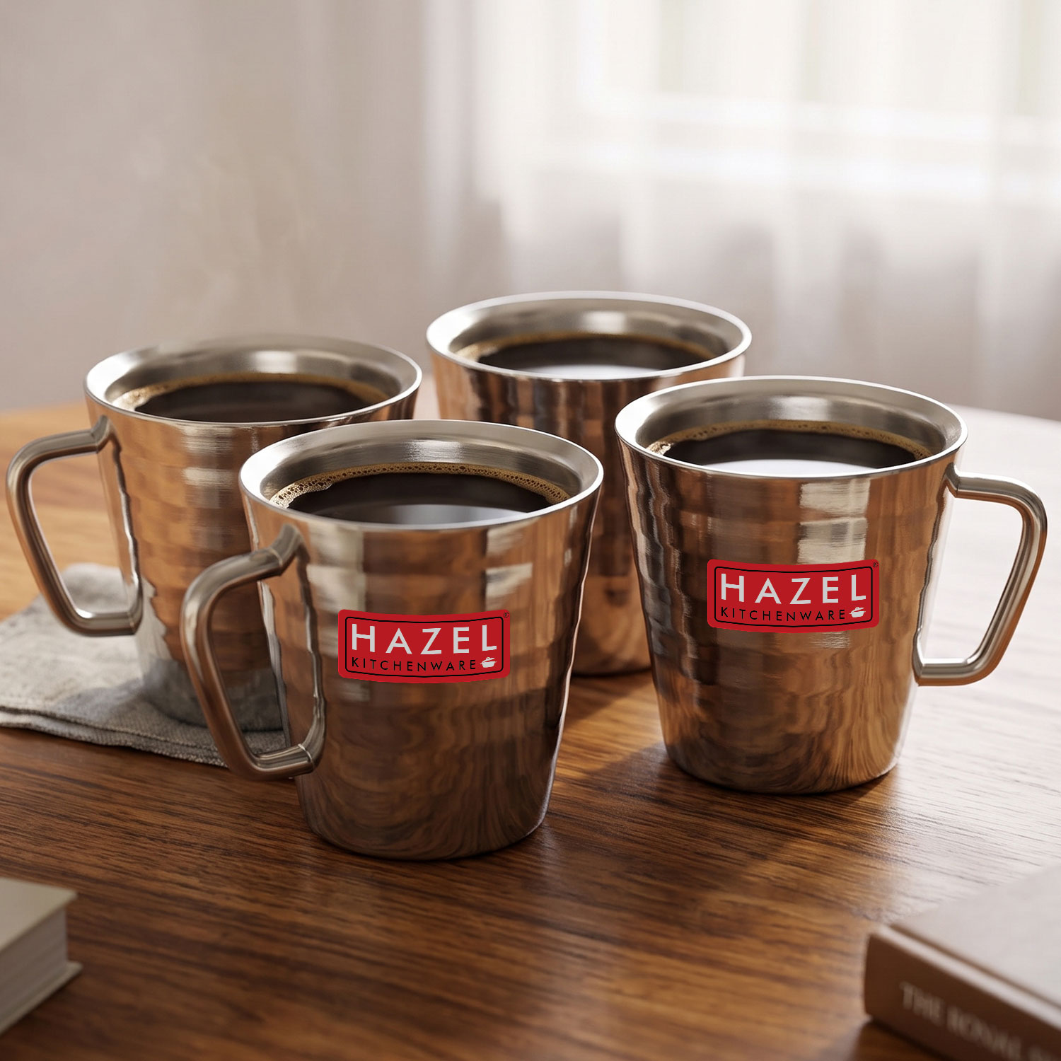 HAZEL Stainless Steel Green Tea Coffee Big Classic Mug, Set of 4, 300 ml (Each)