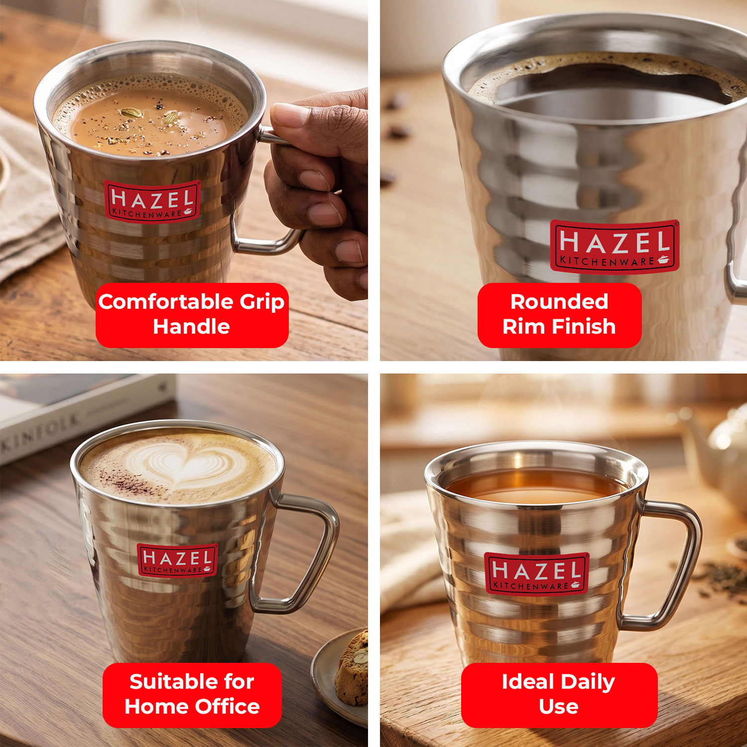 HAZEL Stainless Steel Green Tea Coffee Big Classic Mug, Set of 4, 300 ml (Each)