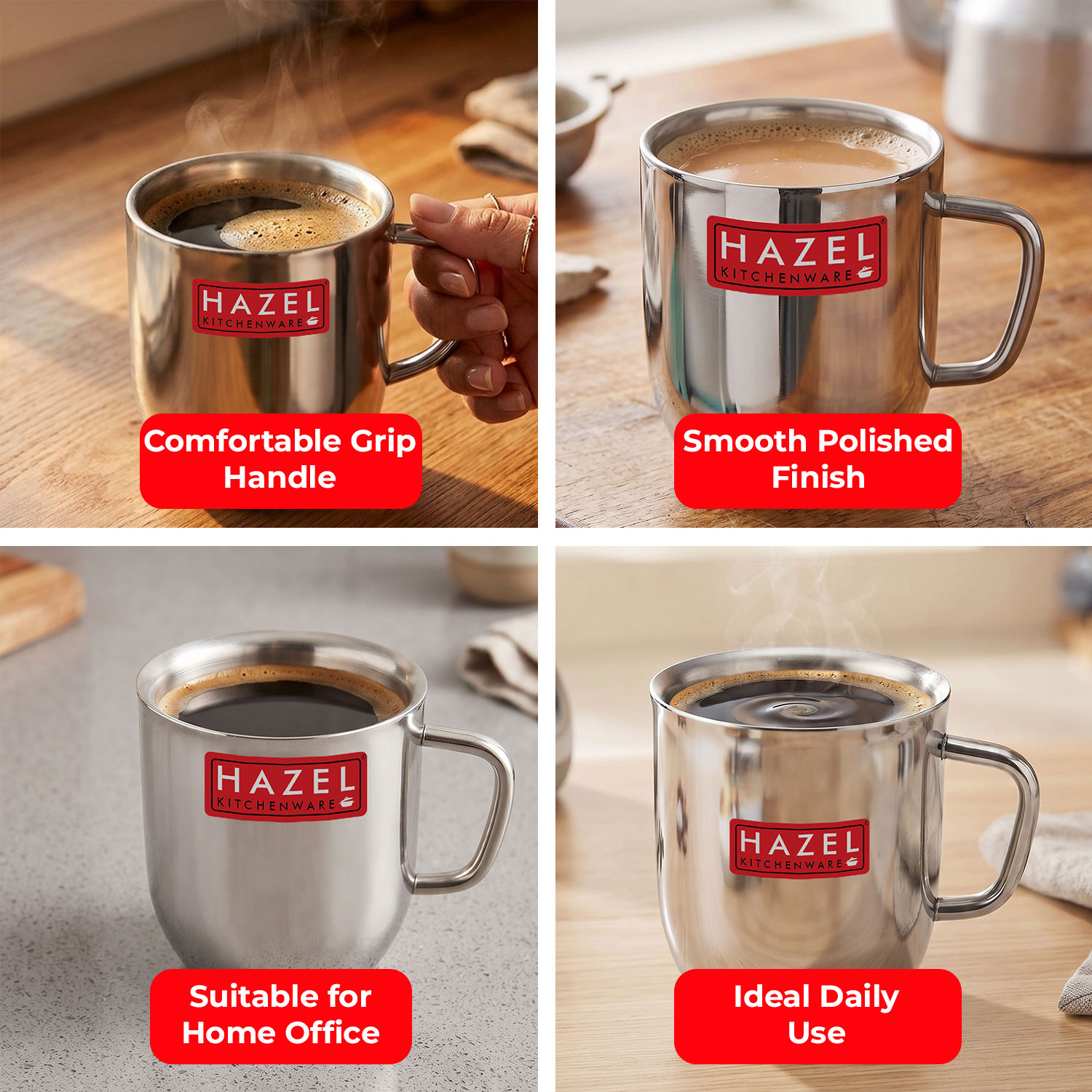 HAZEL Stainless Steel Green Tea Coffee Big Cute Plain Mug, Set of 2, 300 ml (Each)