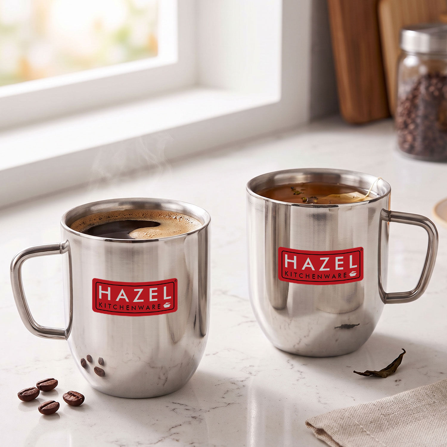 HAZEL Stainless Steel Green Tea Coffee Big Cute Plain Mug, Set of 2, 300 ml (Each)