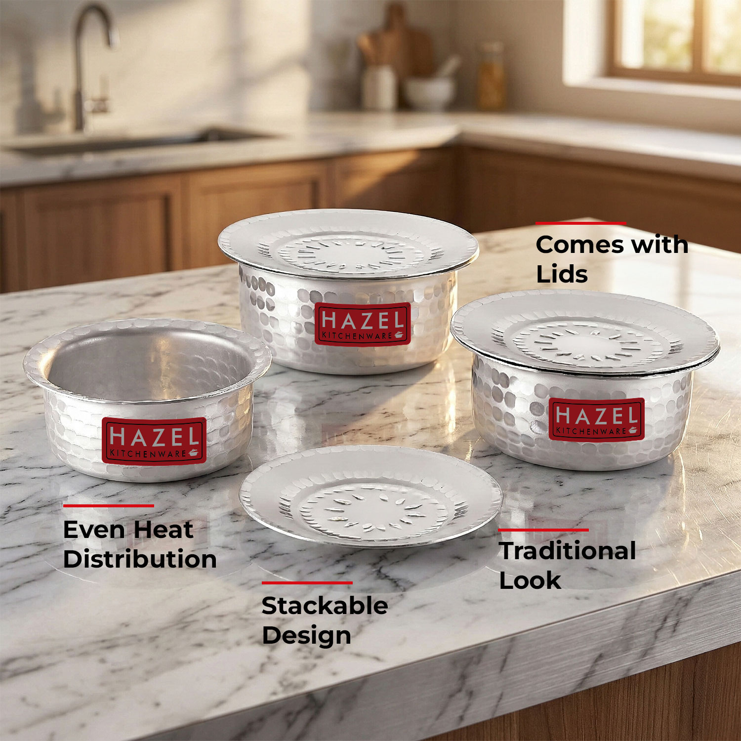 HAZEL Aluminium Hammered Tope Set with Lid I Patila Set of 3, 900 ML, 1.2L, 1.5L | Food-Grade Aluminium Kitchen Utensils for Traditional Indian Cooking I Utensils Set for Kitchen
