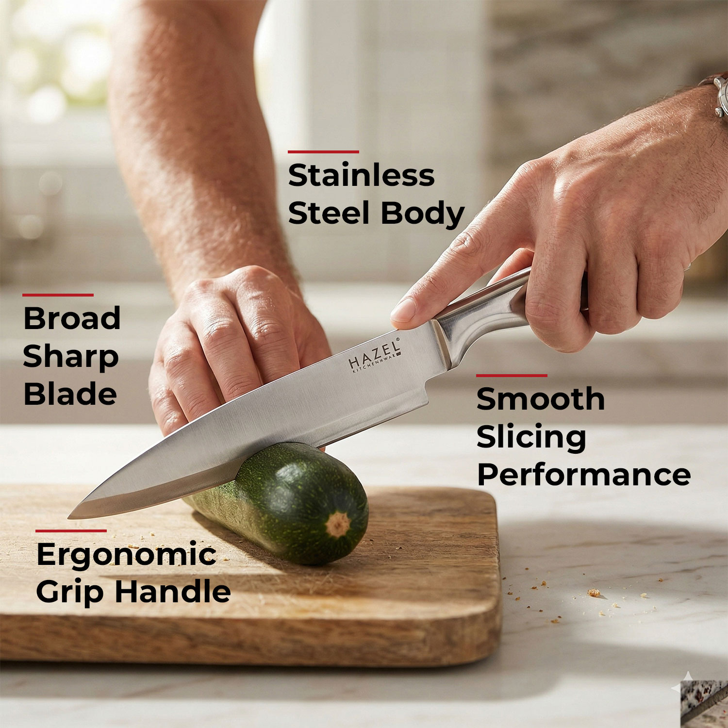 HAZEL Stainless Steel Sharp Chef Knife for Kitchen | Big Kitchen Knife with Handle, Silver