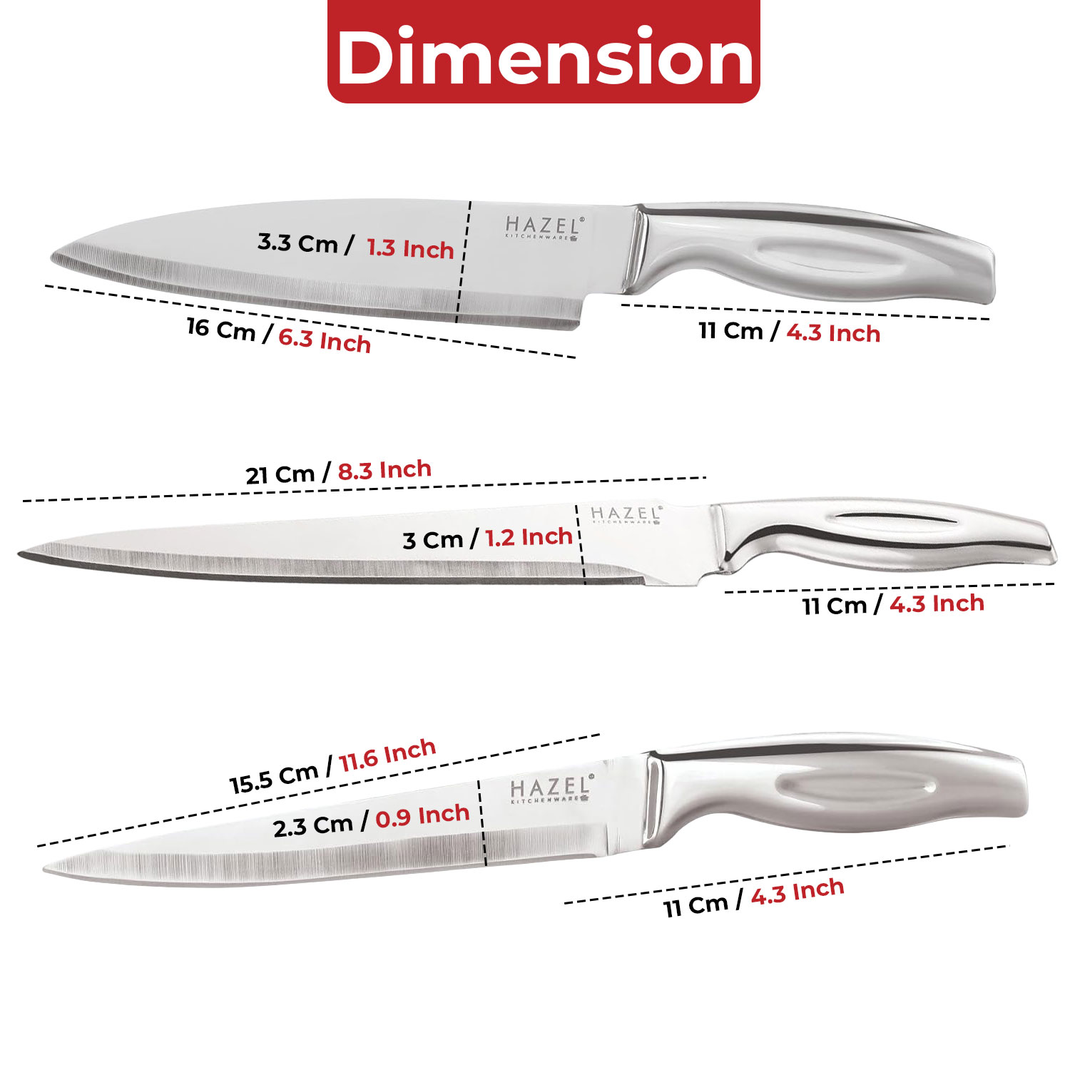 HAZEL Stainless Steel Sharp Kitchen knife for Kitchen Set of 3|Chef Knife, Paring Knife & Carving Knife