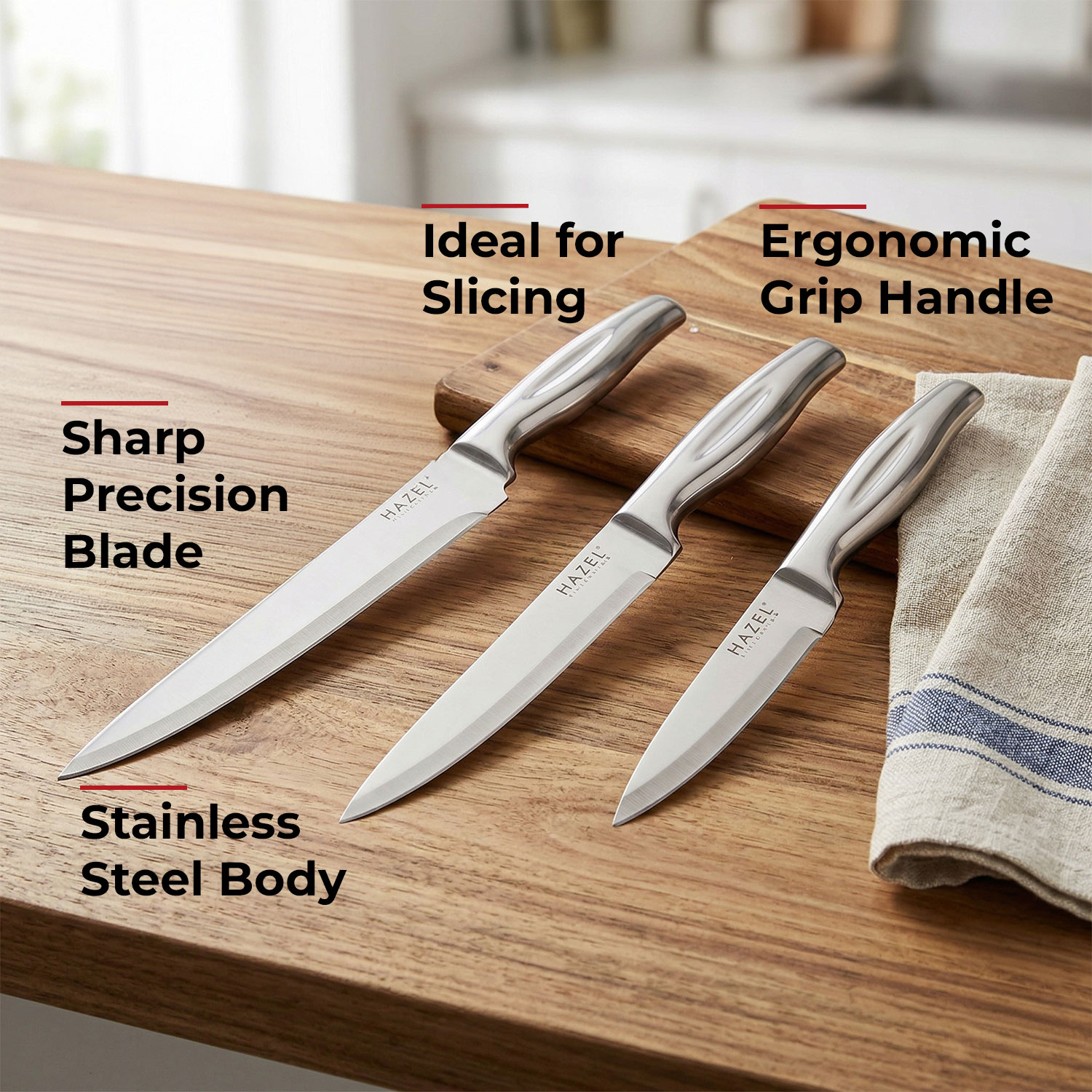 HAZEL Stainless Steel Sharp Kitchen knife for Kitchen Set of 3|Chef Knife, Paring Knife & Carving Knife