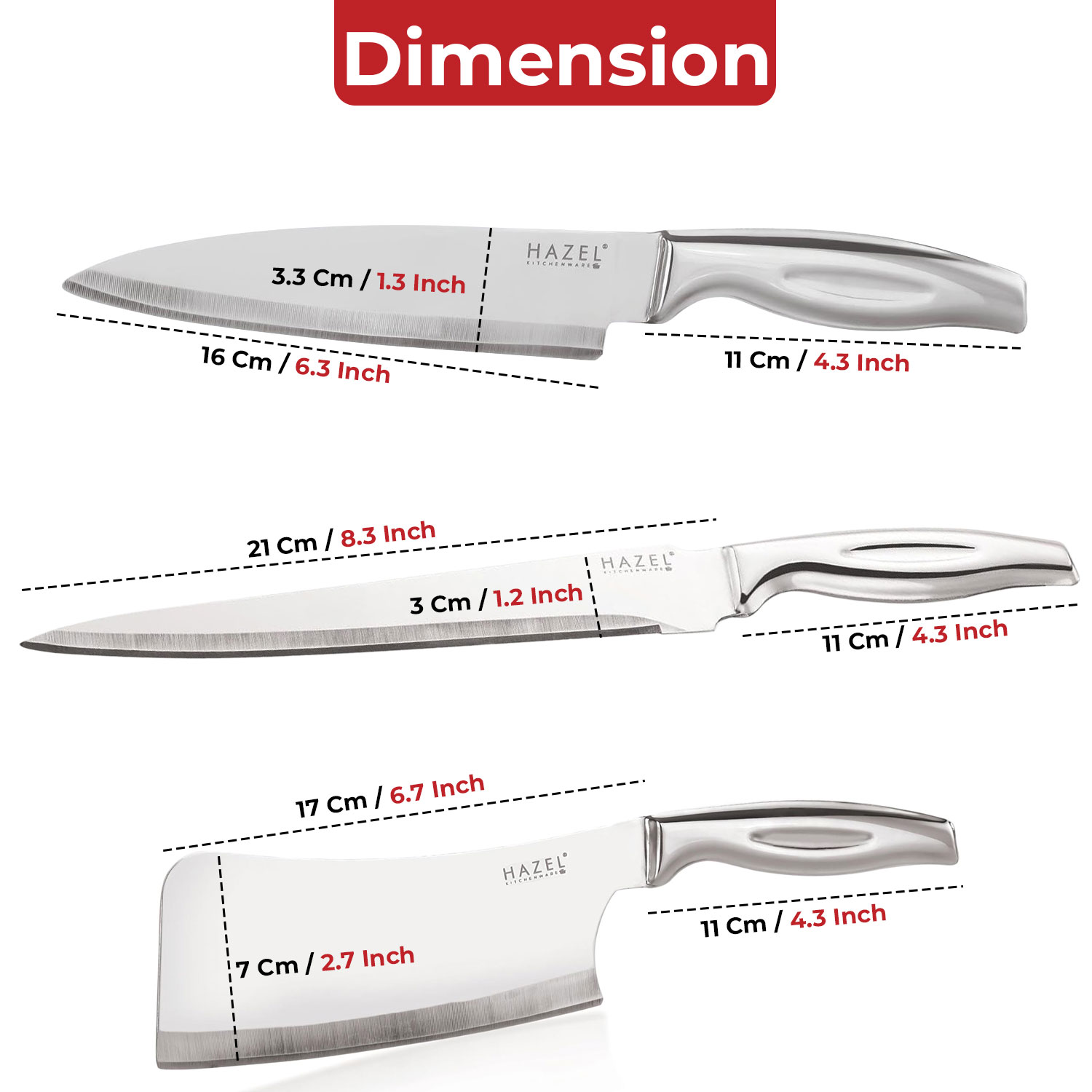 HAZEL Stainless Steel Sharp Kitchen knife Set of 3|Chef Knife Big, Carving Knife & Chopper Knife