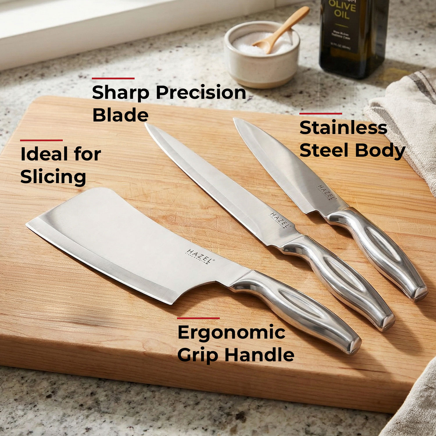 HAZEL Stainless Steel Sharp Kitchen knife Set of 3|Chef Knife Big, Carving Knife & Chopper Knife