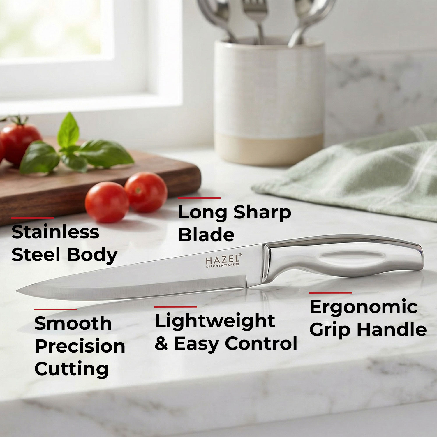 HAZEL Stainless Steel Sharp Paring Knife for Kitchen | Kitchen Knife with Handle, Silver