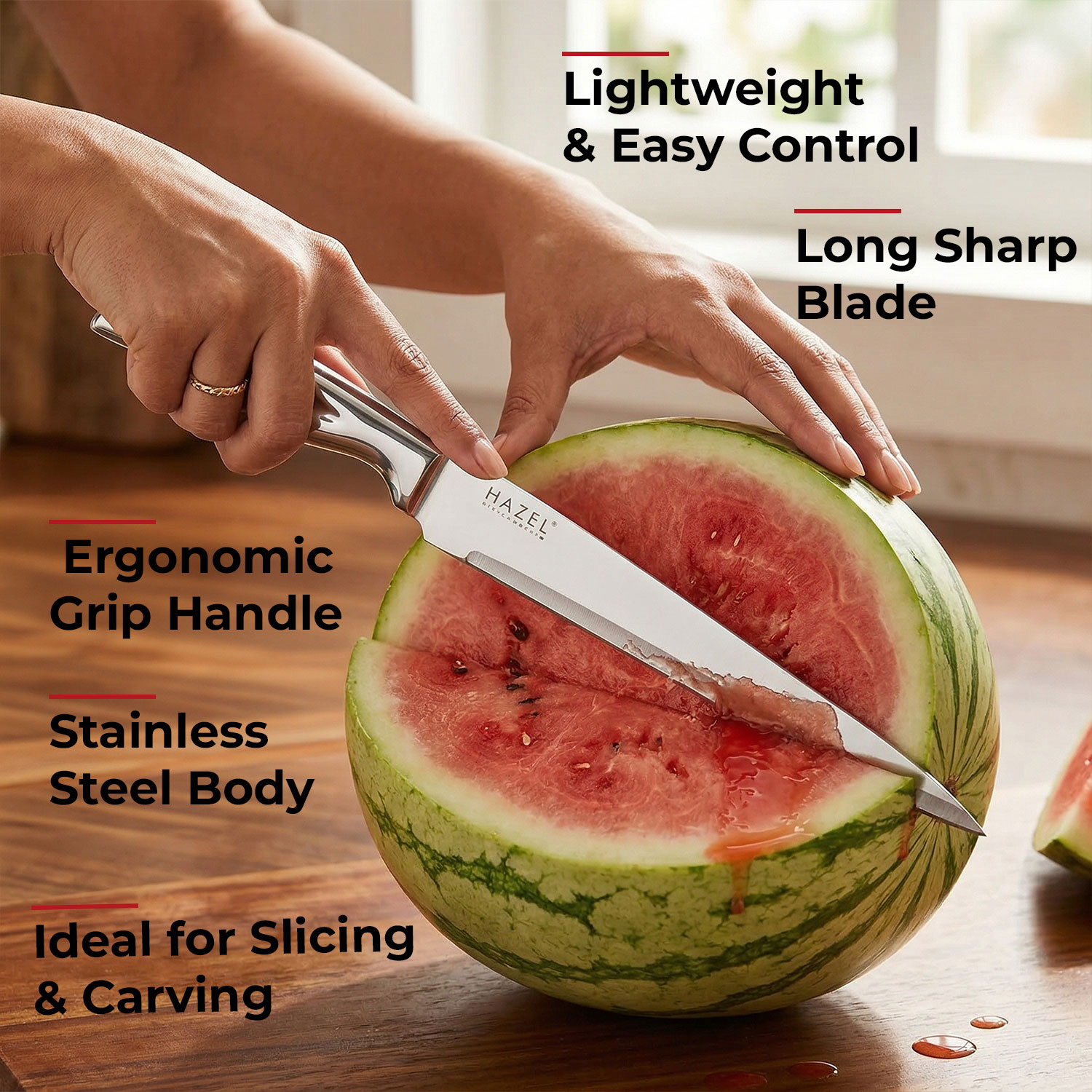 HAZEL Stainless Steel Sharp Carving Knife for Kitchen | Kitchen Knife with Handle, Silver