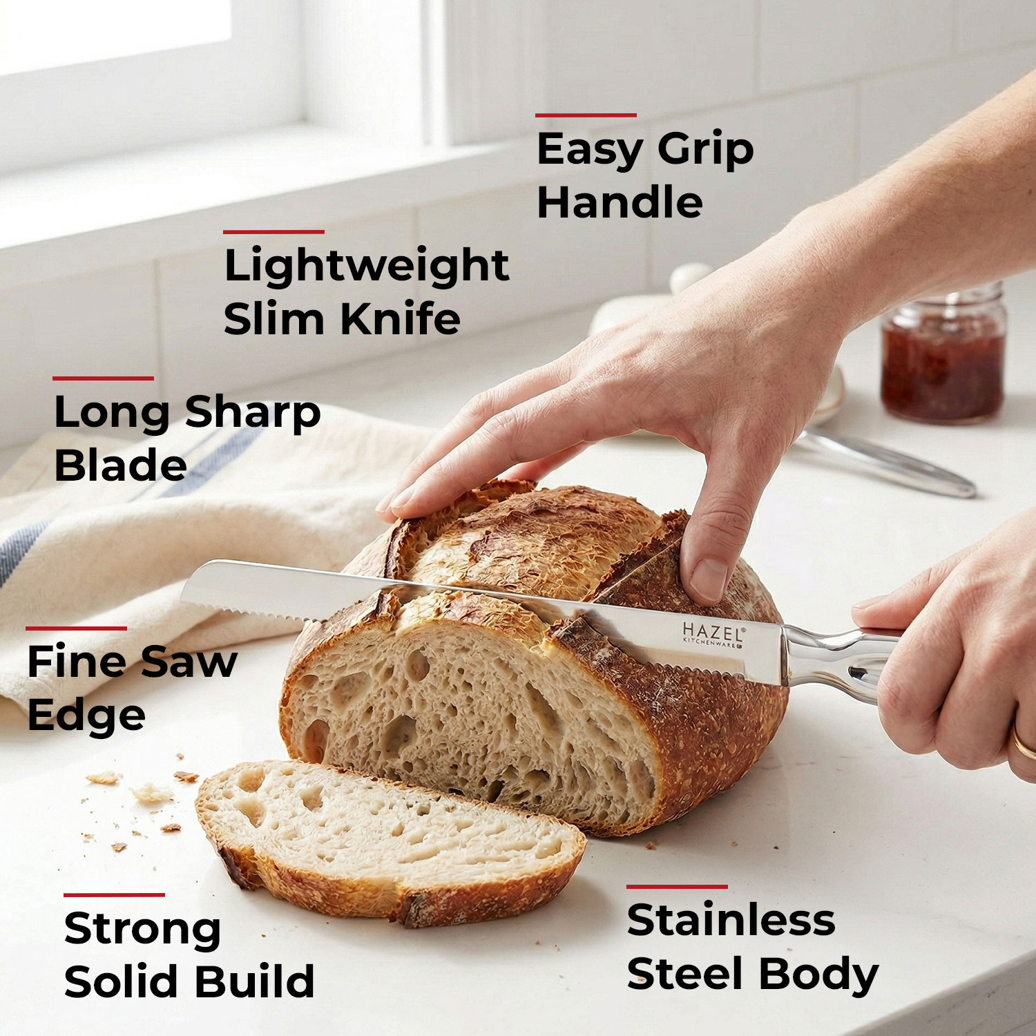 HAZEL Stainless Steel Bread Knife for Cutting | Serrated Knife for Bread, Silver