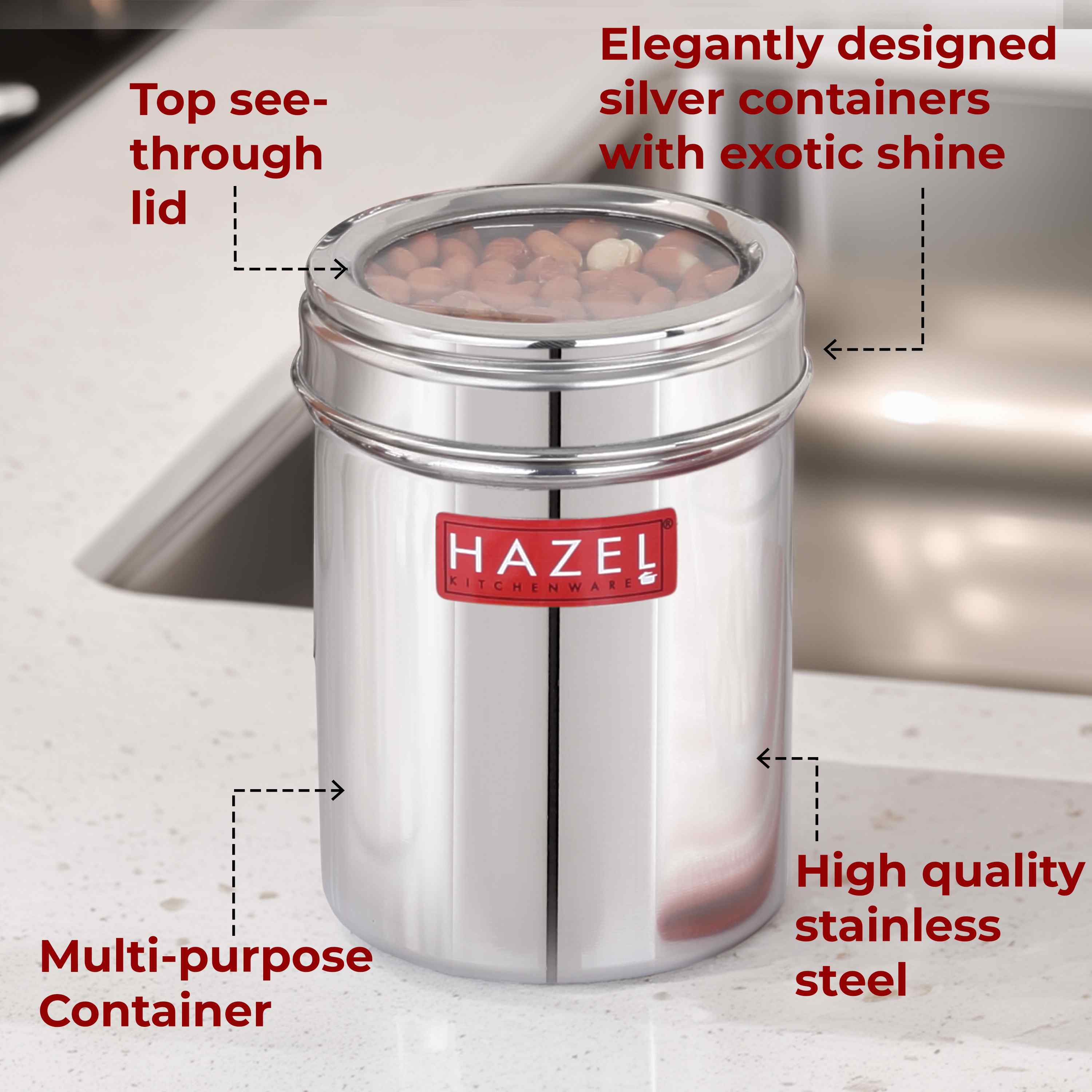 HAZEL Stainless Steel Kitchen Container with Transparent Lid | Top See Through Kitchen Container Set with Matt Finish | Multipurpose Container for Kitchen Storage, 800 ML, Set of 2