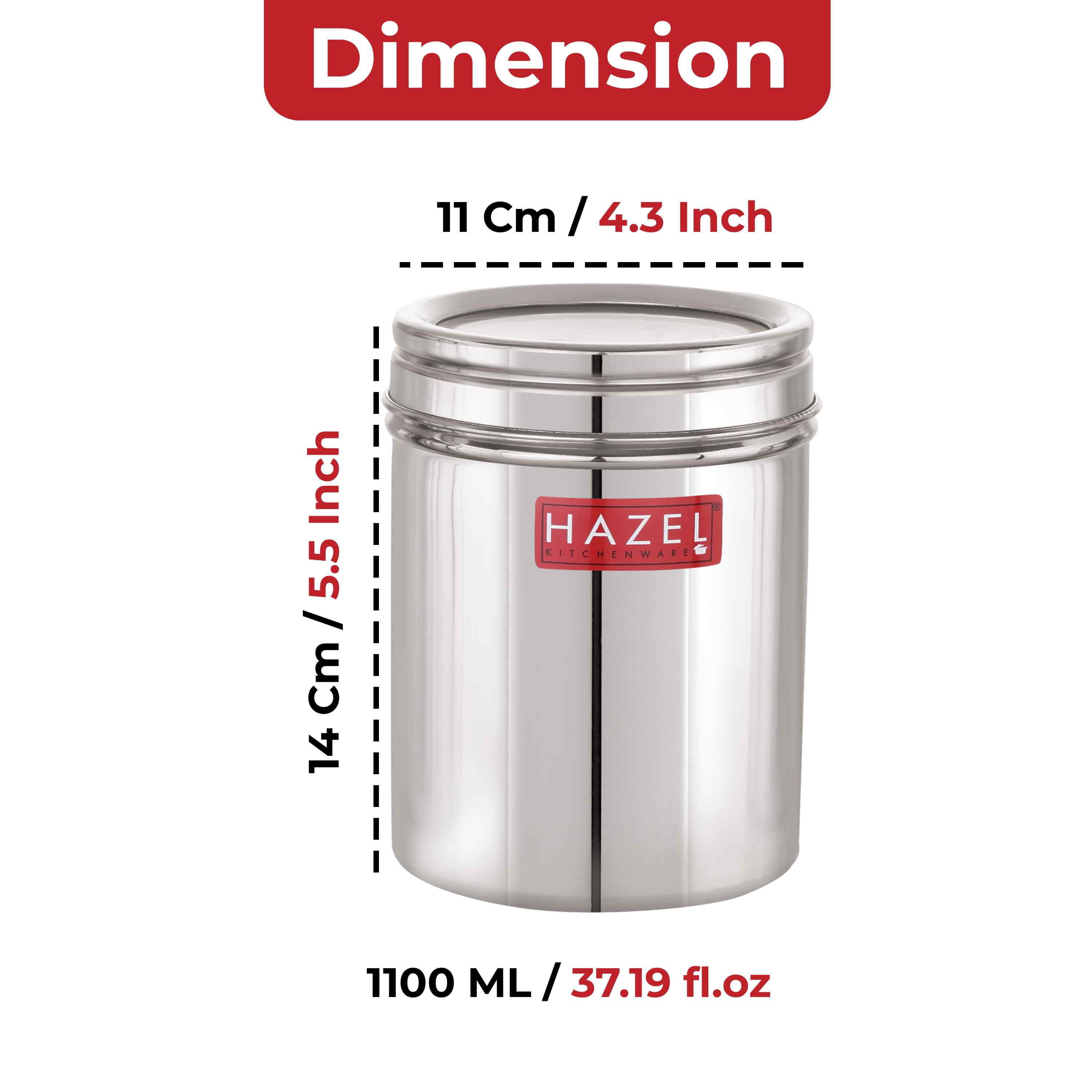 HAZEL Stainless Steel Kitchen Container with Transparent Lid | Top See Through Kitchen Container Set with Matt Finish | Multipurpose Container for Kitchen Storage, 1100 ML, Set of 2