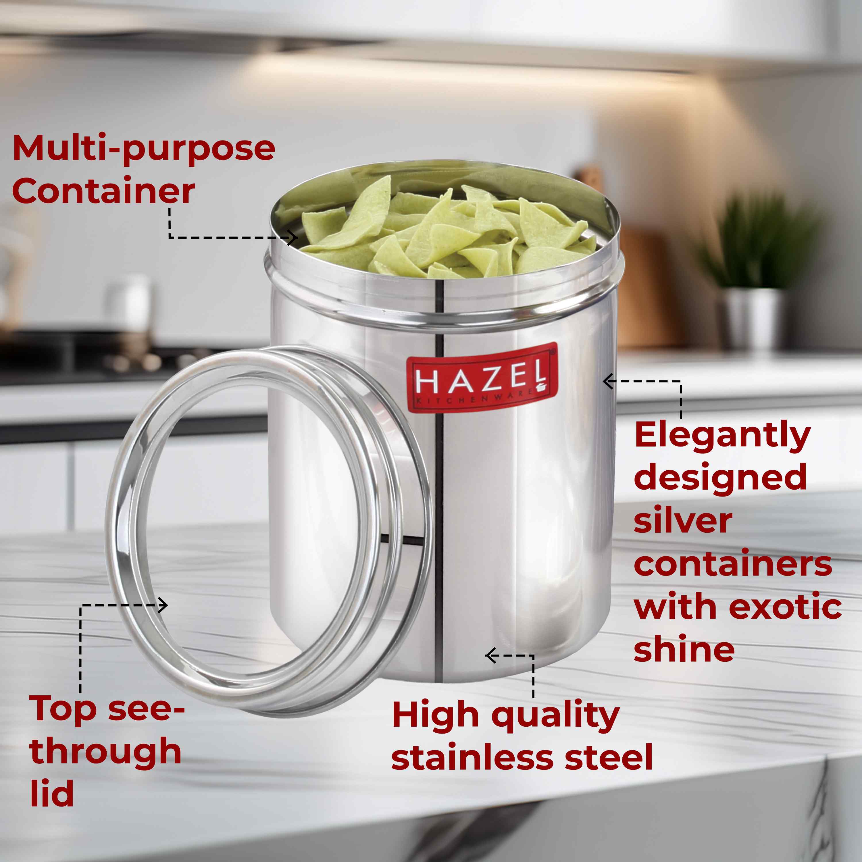 HAZEL Stainless Steel Kitchen Container with Transparent Lid | Top See Through Kitchen Container Set with Matt Finish | Multipurpose Container for Kitchen Storage, 1100 ML, Set of 2