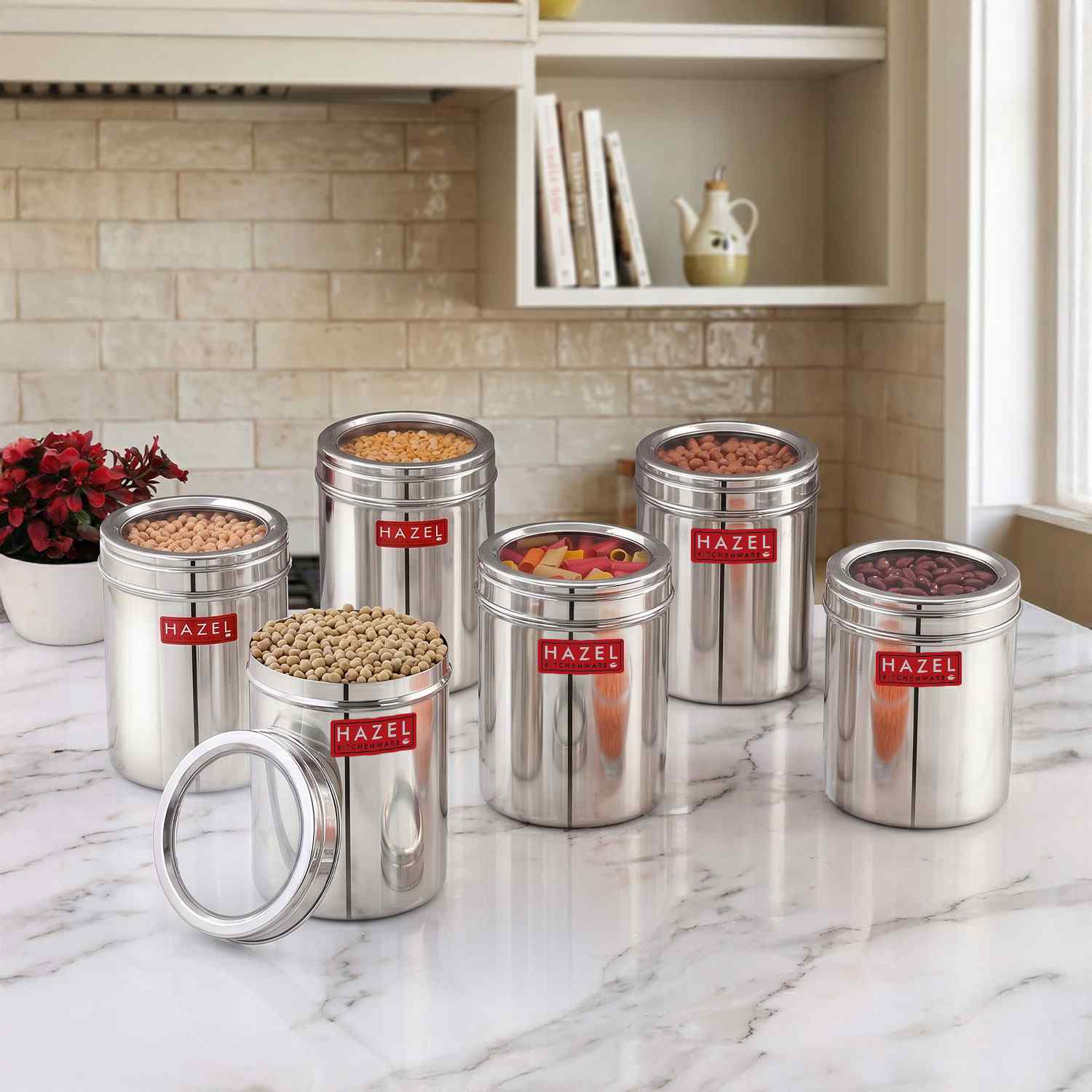 HAZEL Stainless Steel Kitchen Container with Transparent Lid | Top See Through Kitchen Container Set with Matt Finish | Multipurpose Container for Kitchen Storage, 1600 ML, Set of 6