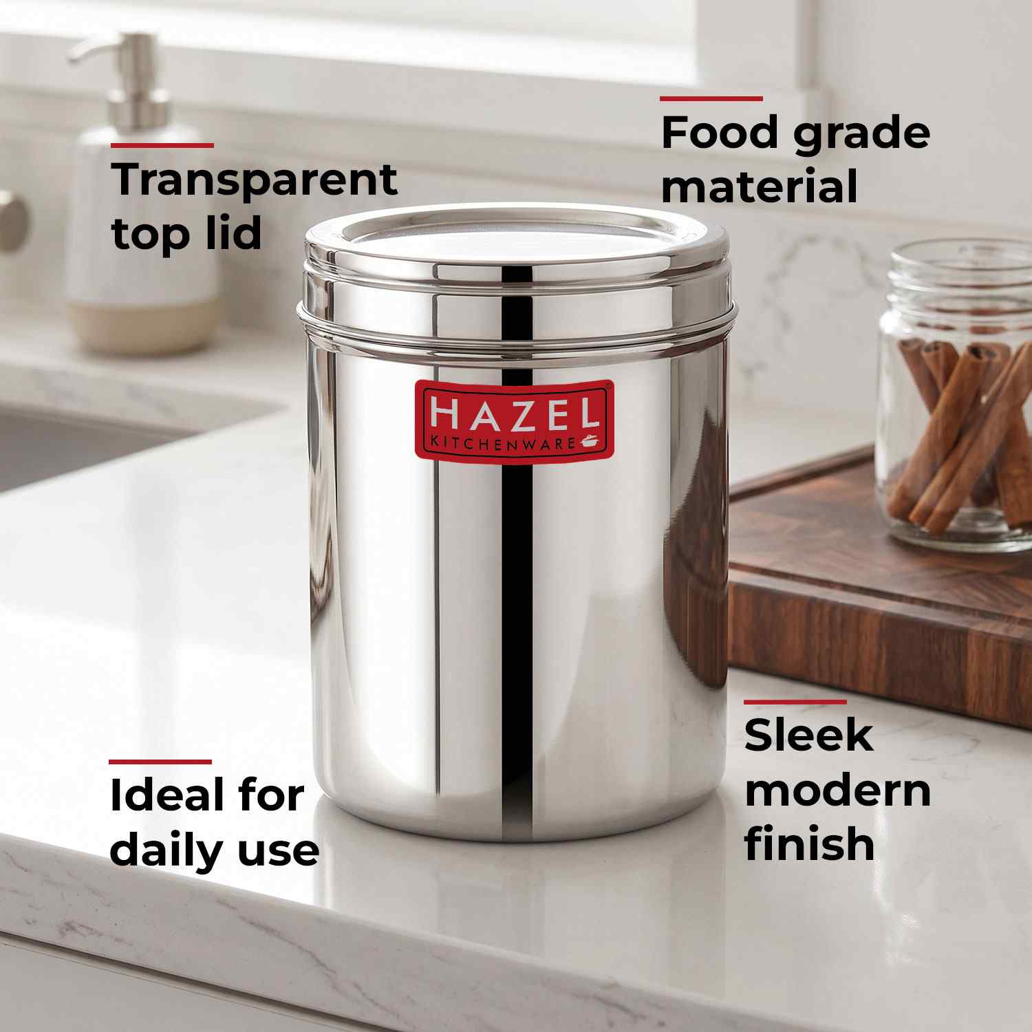 HAZEL Stainless Steel Kitchen Container with Transparent Lid | Top See Through Kitchen Container Set with Matt Finish | Multipurpose Container for Kitchen Storage, 1600 ML, Set of 6